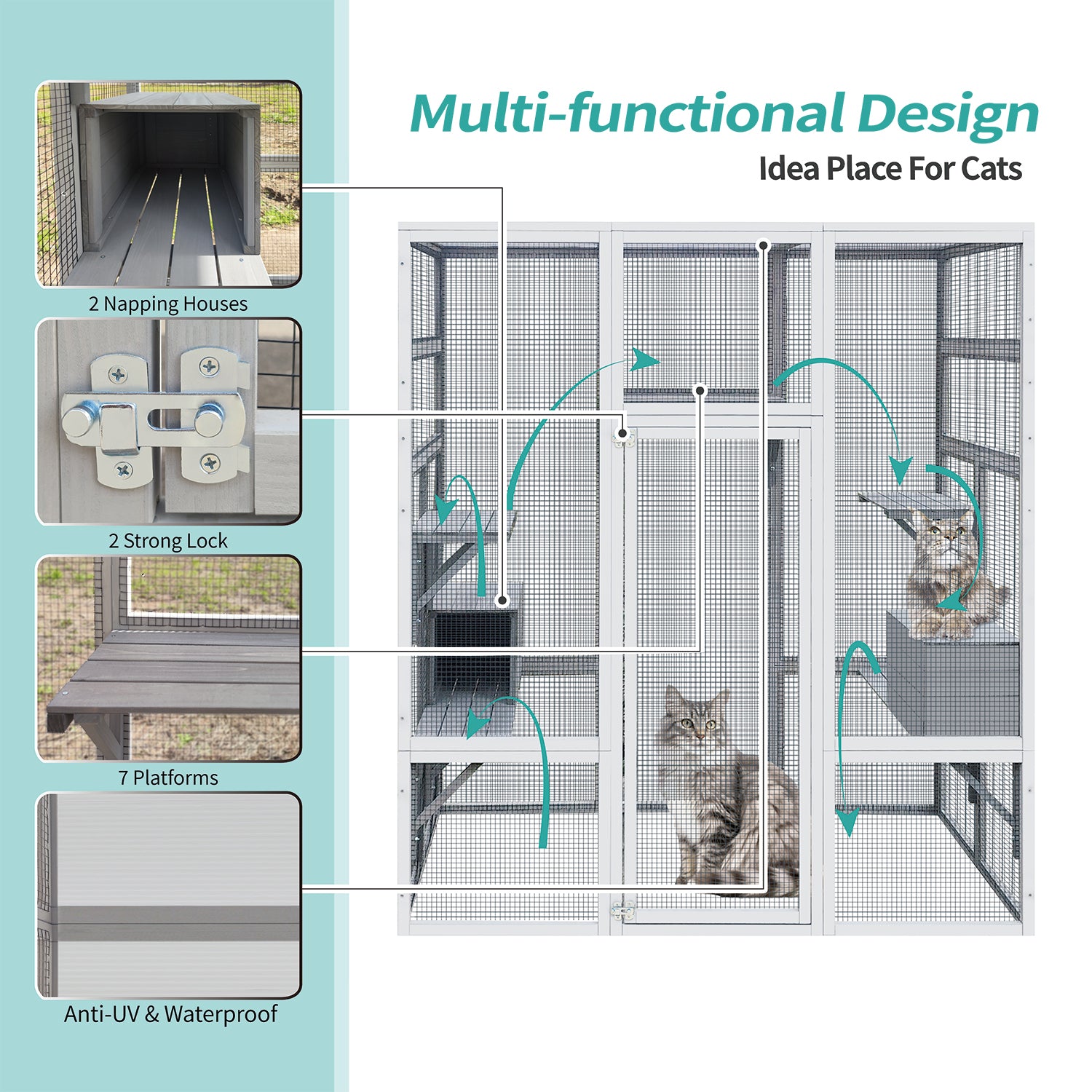 62.6" Wooden Cat House Large Catio, Solid Wood Cat Cage Shelter Enclosure Playpen With Anti Uv& Waterproof, 7 Platforms And 2 Resting Boxes Gray Wood