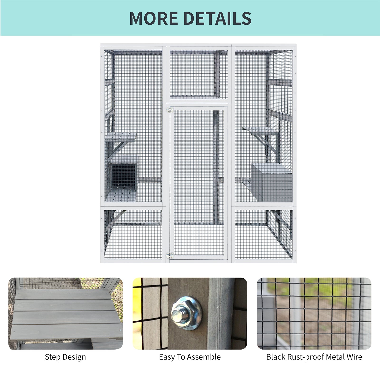 62.6" Wooden Cat House Large Catio, Solid Wood Cat Cage Shelter Enclosure Playpen With Anti Uv& Waterproof, 7 Platforms And 2 Resting Boxes Gray Wood