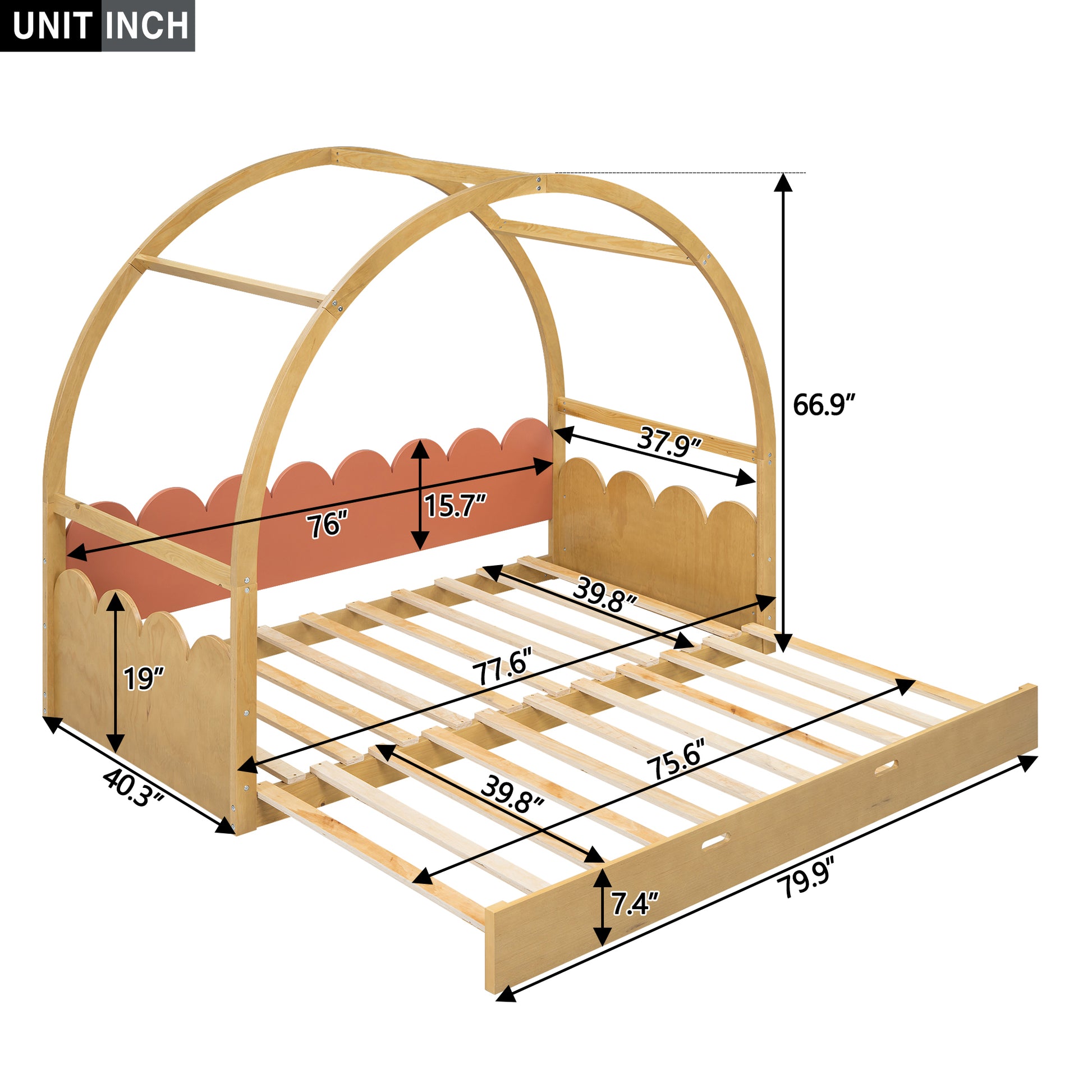 Twin Size Stretchable Vaulted Roof Bed, Children'S Bed Pine Wood Frame, Natural And Orange Box Spring Not Required Twin Brown Orang Yellow Wood Daybeds Pine