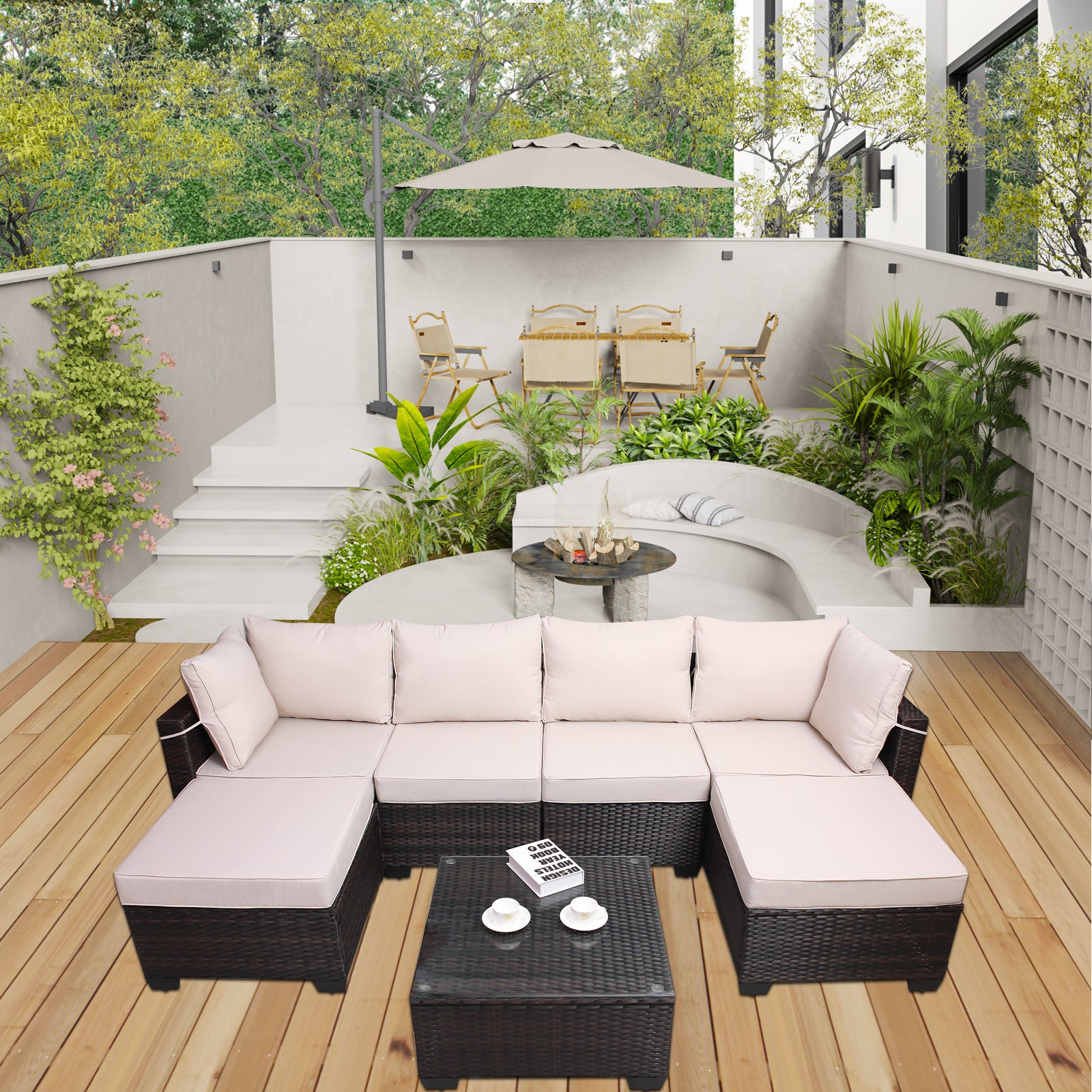 Outdoor Garden Patio Furniture 7 Piece Pe Rattan Wicker Cushioned Sofa Sets And Coffee Table, Patio Furniture Set Outdoor Couch Outdoor Couch Patio Furniture Outdoor Sofa Patio Couch Yes Complete Patio Set Brown Beige Rust Resistant Frame Water Resistant