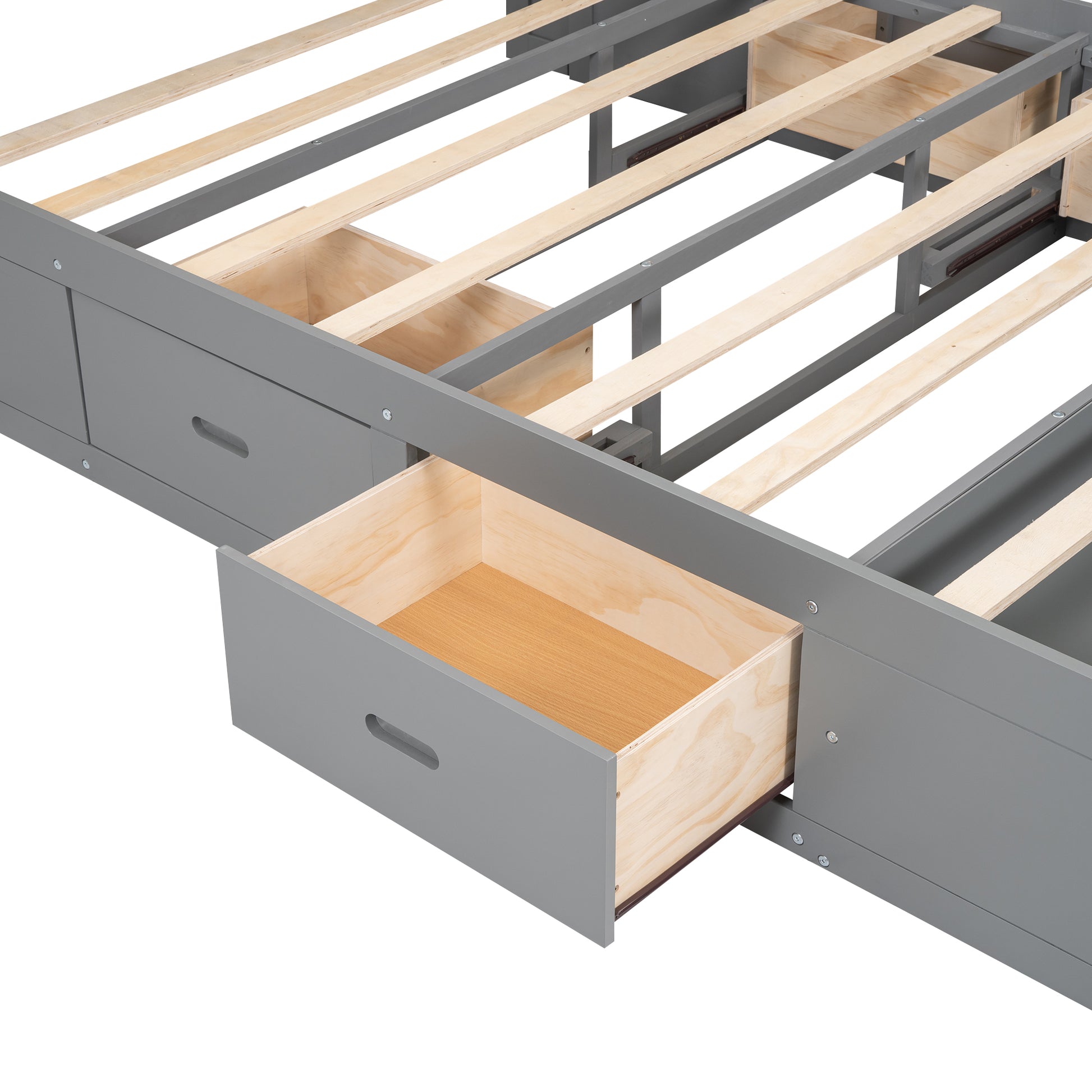 Wood Queen Size Platform Bed With Storage Headboard, Shoe Rack And 4 Drawers,Gray Box Spring Not Required Queen Gray Wood Bedroom Bed Frame Solid Wood Mdf