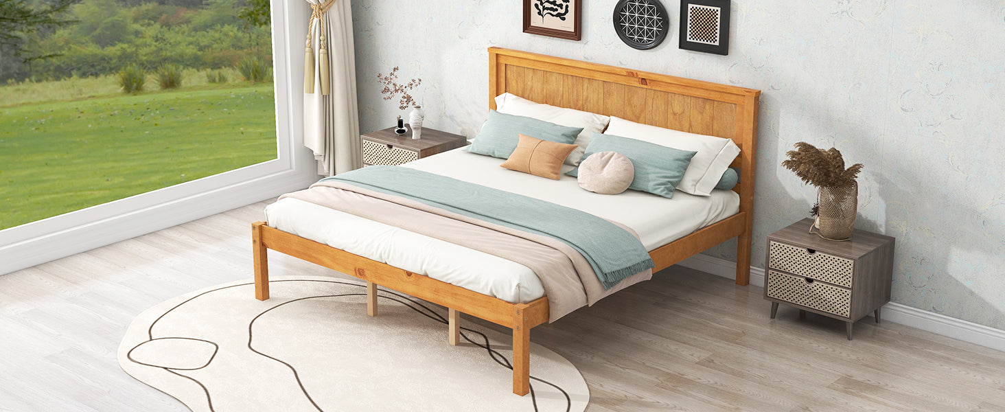 Platform Bed Frame With Headboard, Wood Slat Support, No Box Spring Needed, Queen, Oak Box Spring Not Required Queen Espresso Wood Bedroom Pine