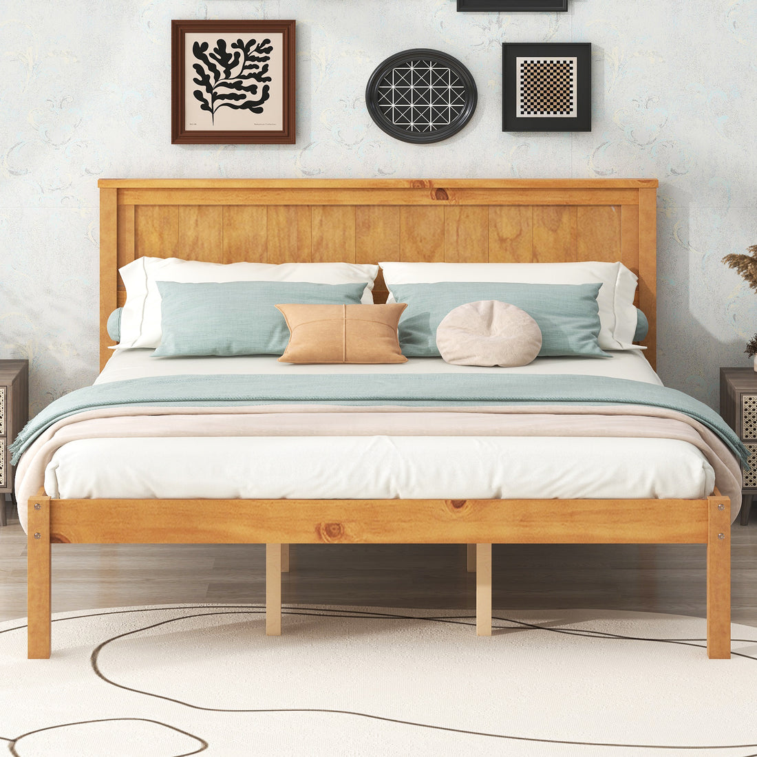 Platform Bed Frame With Headboard, Wood Slat Support, No Box Spring Needed, Queen, Oak Box Spring Not Required Queen Espresso Wood Bedroom Pine