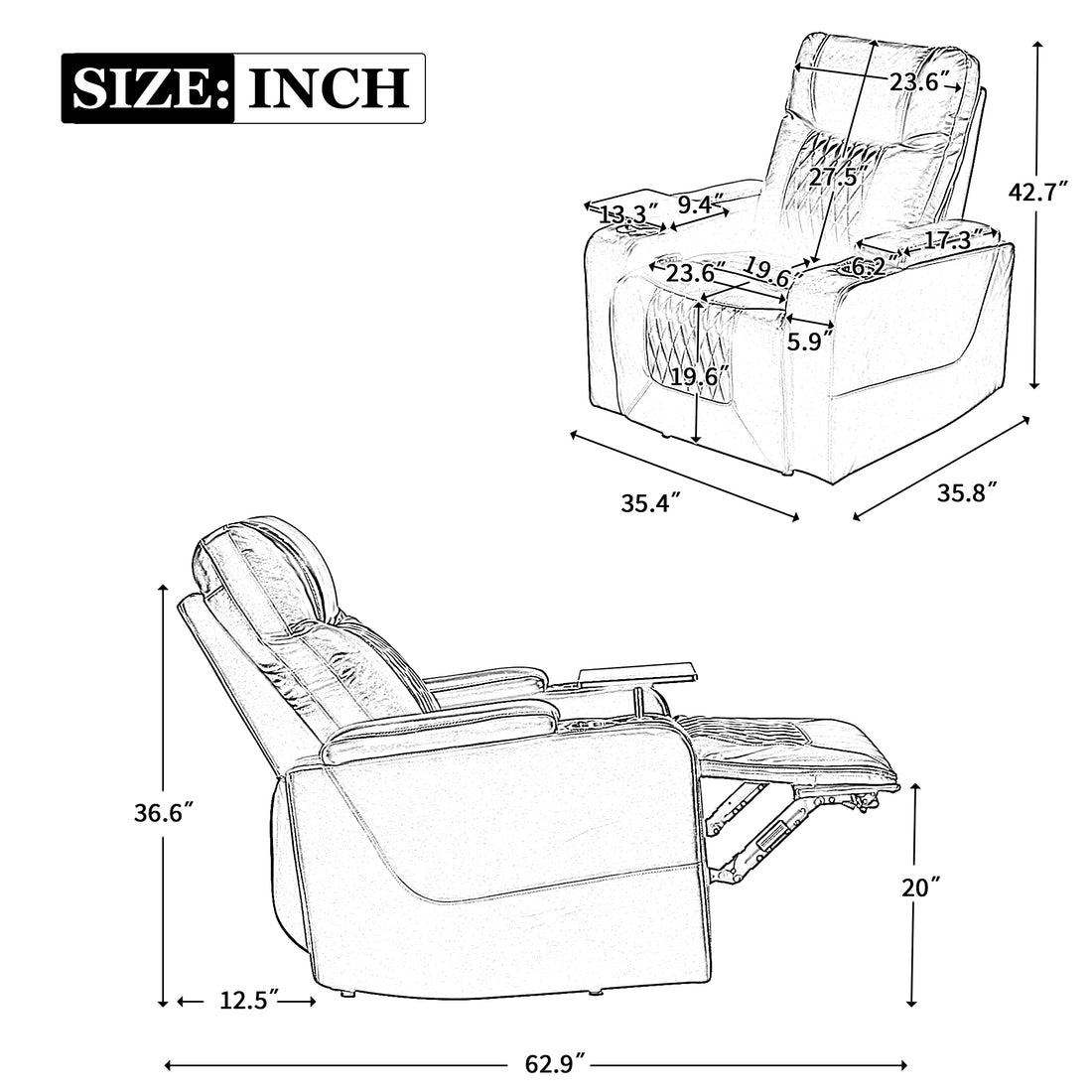 Power Motion Recliner With Usb Charging Port And Hidden Arm Storage 2 Convenient Cup Holders Design And 360 Swivel Tray Table,Black Old Sku: Sg000630Aab Black Foam Pu