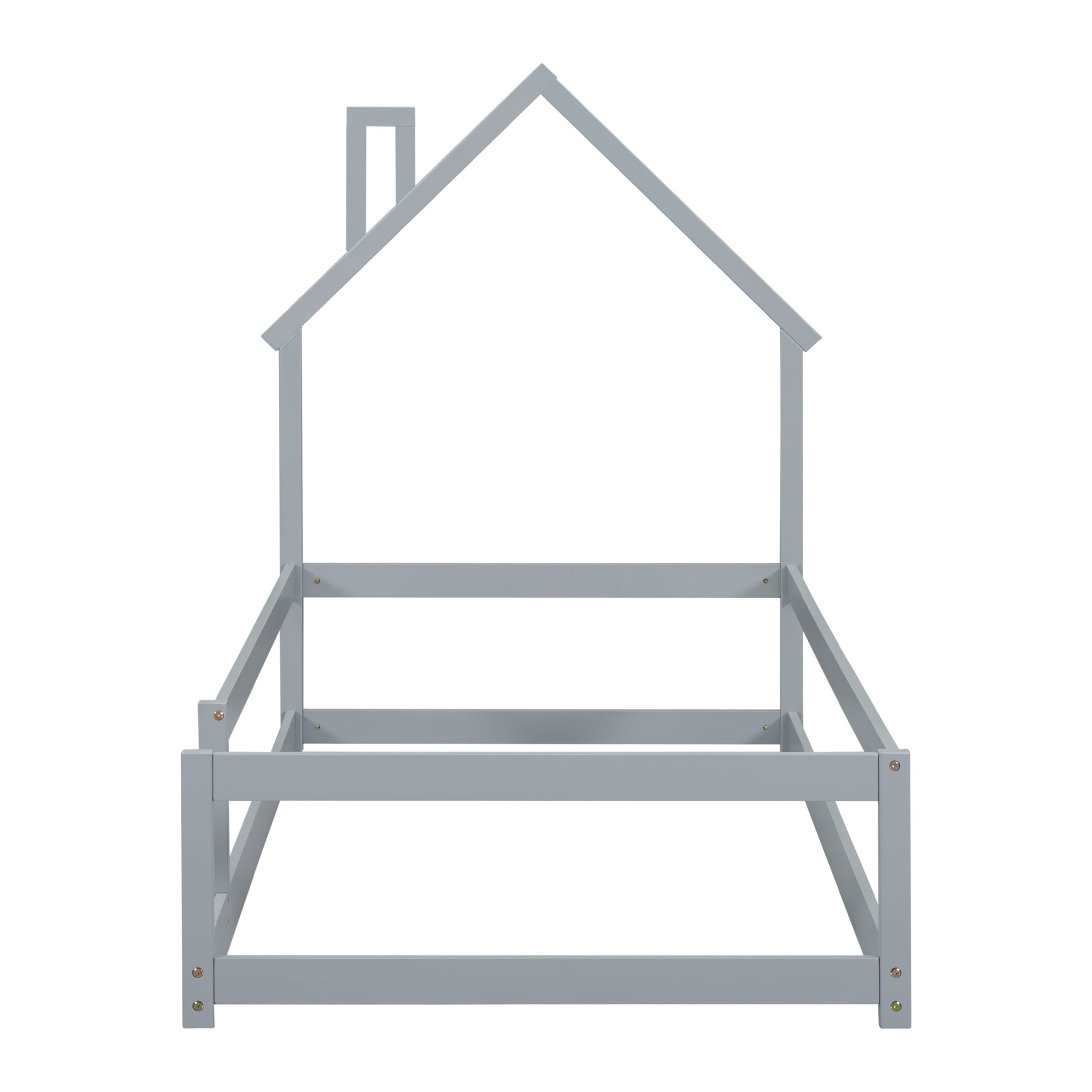 Twin Size Wood Bed With House Shaped Headboard Floor Bed With Fences,Grey Twin Grey Wood Bedroom American Design Pine Pine