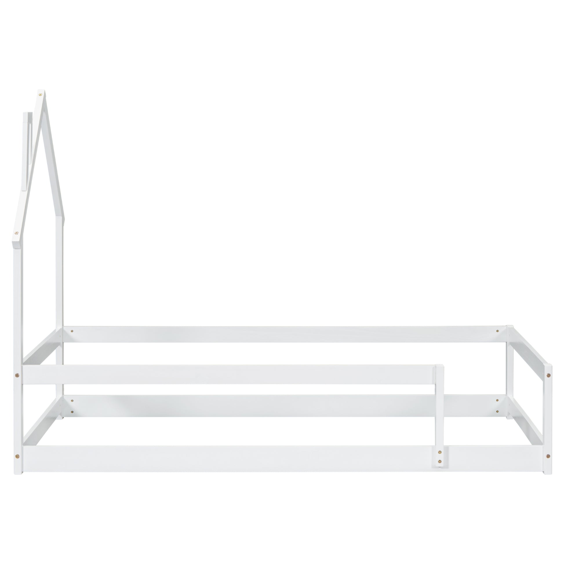 Twin Size Wood Bed With House Shaped Headboard Floor Bed With Fences,White Twin White Wood Bedroom American Design Pine Pine