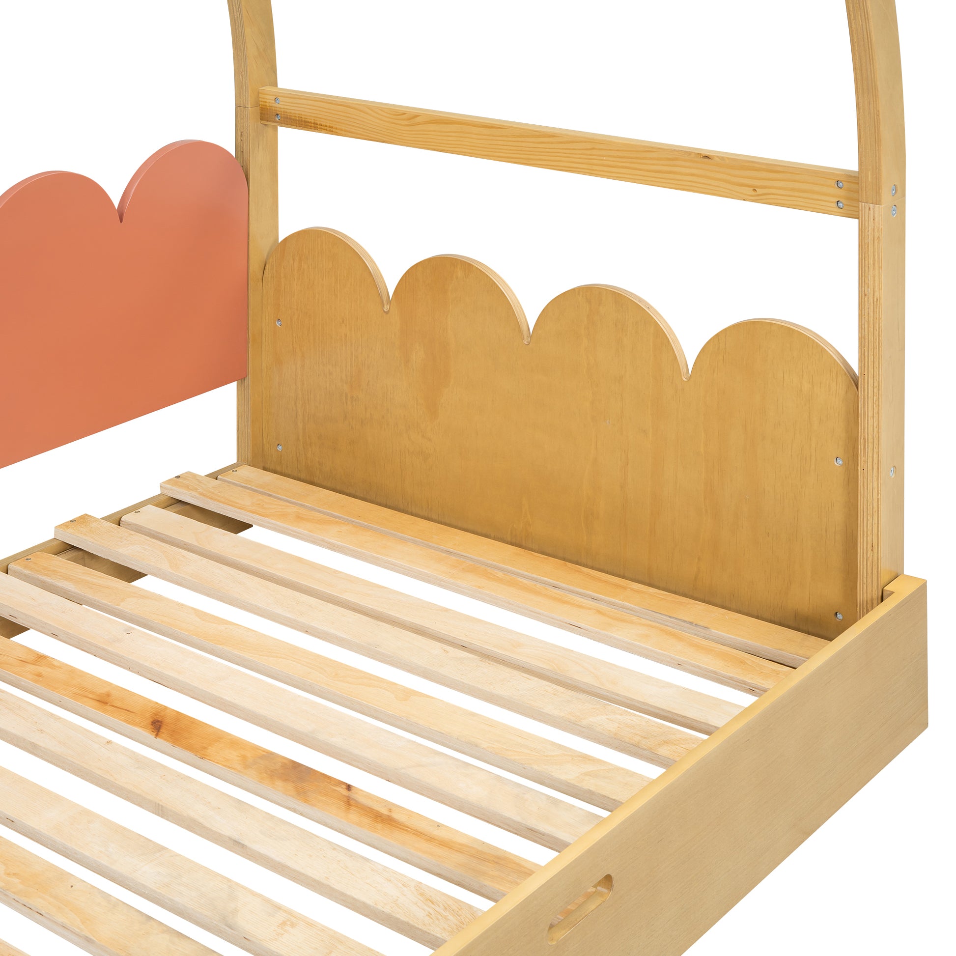 Twin Size Stretchable Vaulted Roof Bed, Children'S Bed Pine Wood Frame, Natural And Orange Box Spring Not Required Twin Brown Orang Yellow Wood Daybeds Pine