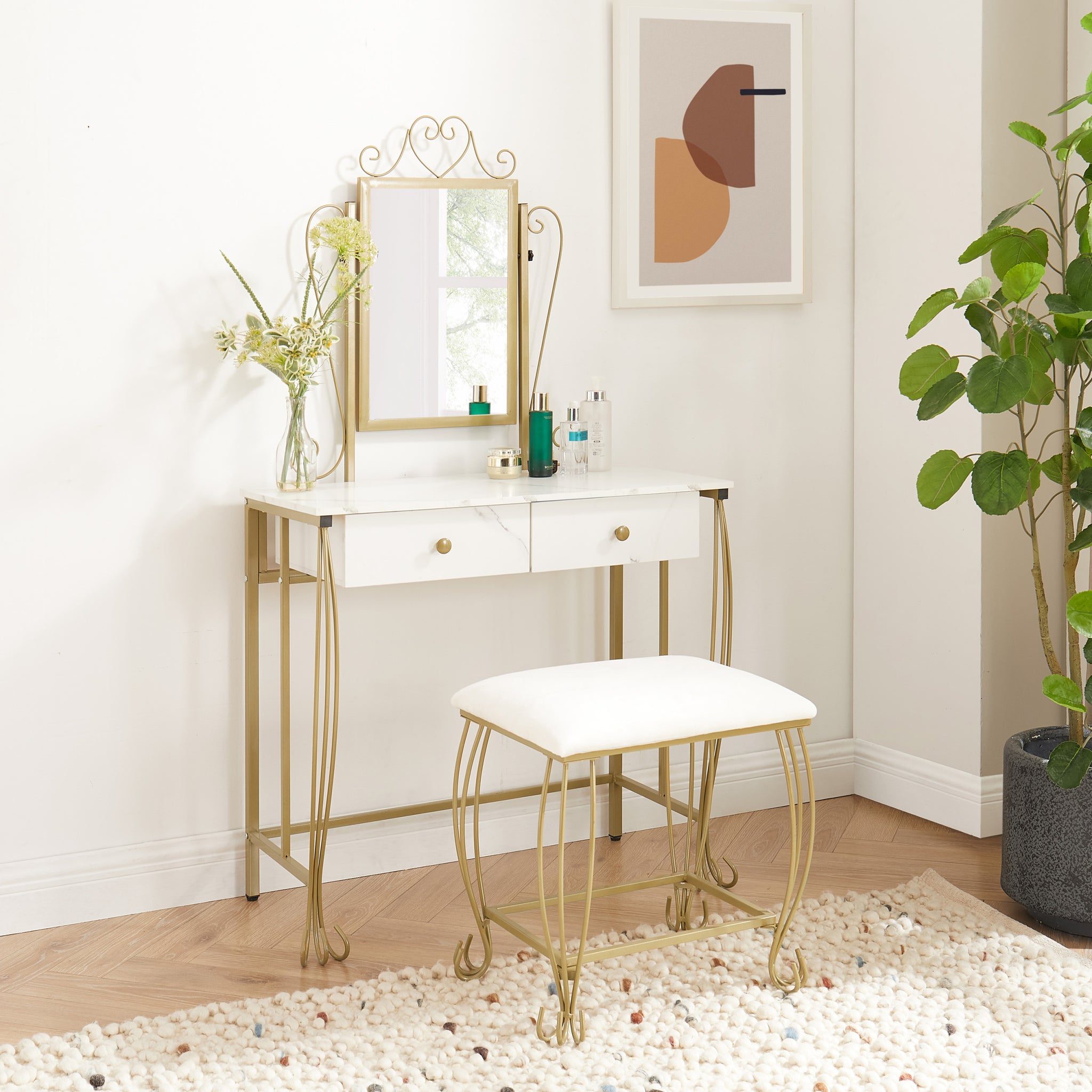 metal dressing table with mirror Vanity Mirror Table Set, Makeup Desk Vanity With Stool, Vintage Bedroo