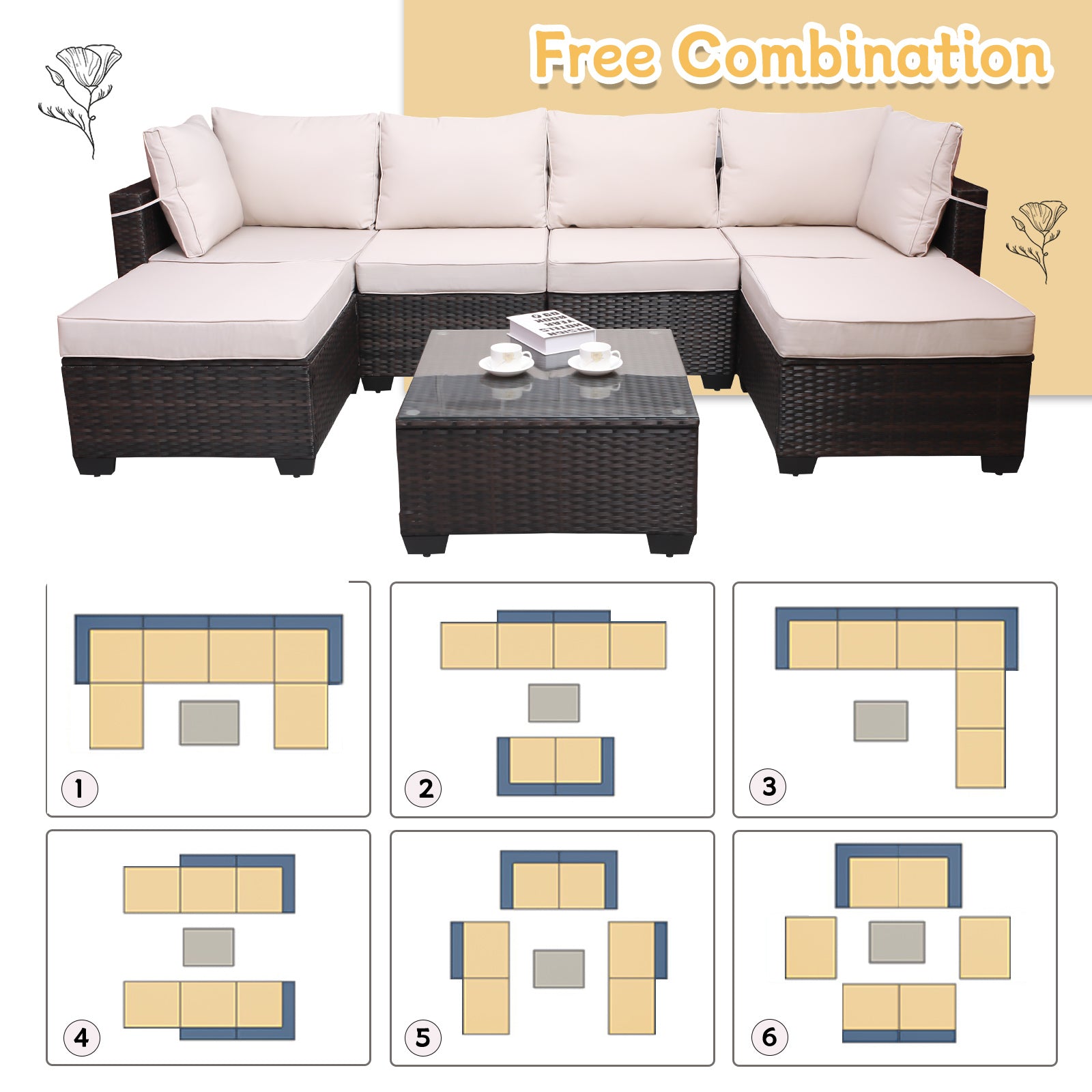 Outdoor Garden Patio Furniture 7 Piece Pe Rattan Wicker Cushioned Sofa Sets And Coffee Table, Patio Furniture Set Outdoor Couch Outdoor Couch Patio Furniture Outdoor Sofa Patio Couch Yes Complete Patio Set Brown Beige Rust Resistant Frame Water Resistant