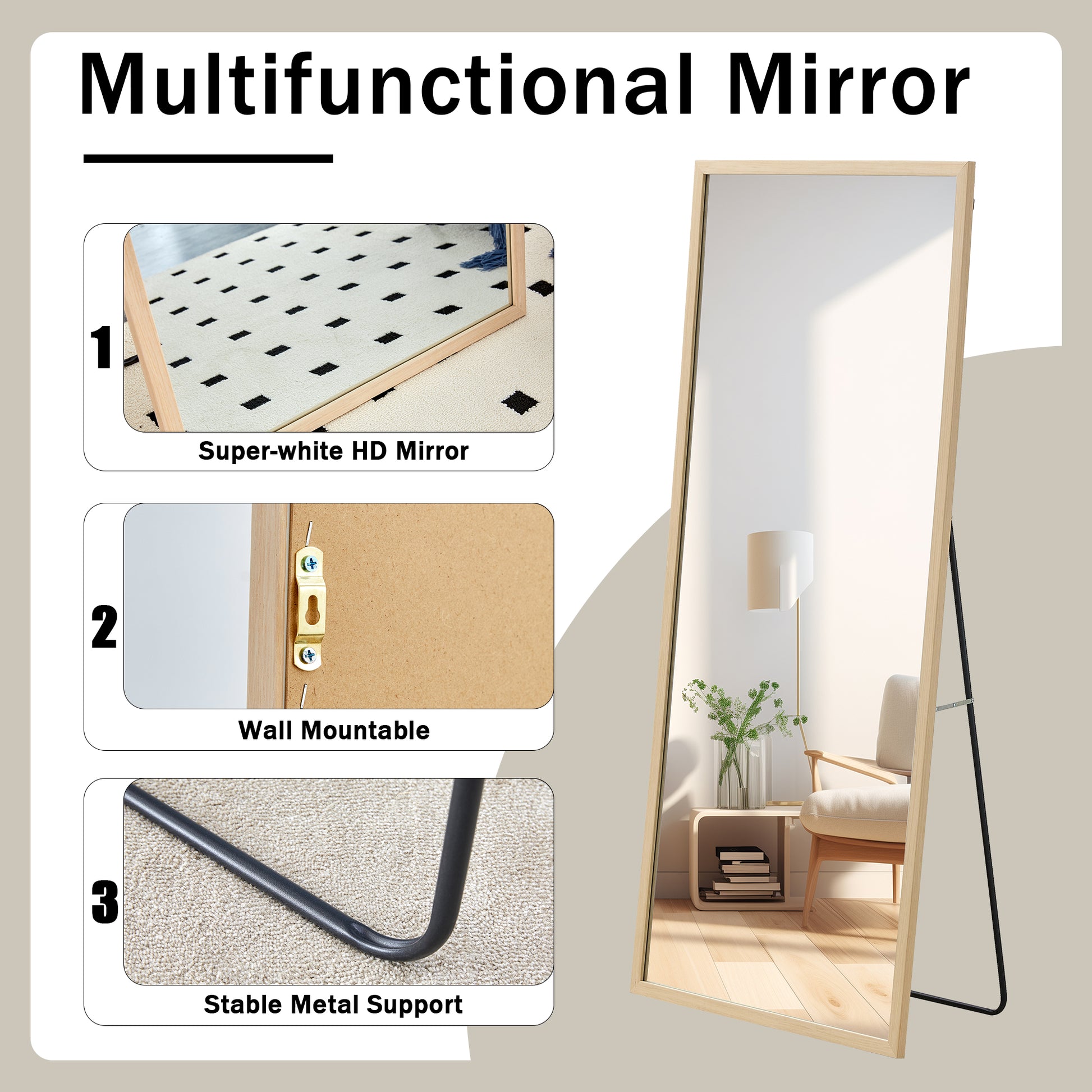 Fourth Generation Solid Wood Frame Full Length Mirror, Dressing Mirror, Bedroom Porch, Decorative Mirror, Clothing Store, Floor Standing Large Mirror, Wall Mounted. 71 "* 31.5" Transparent Glass