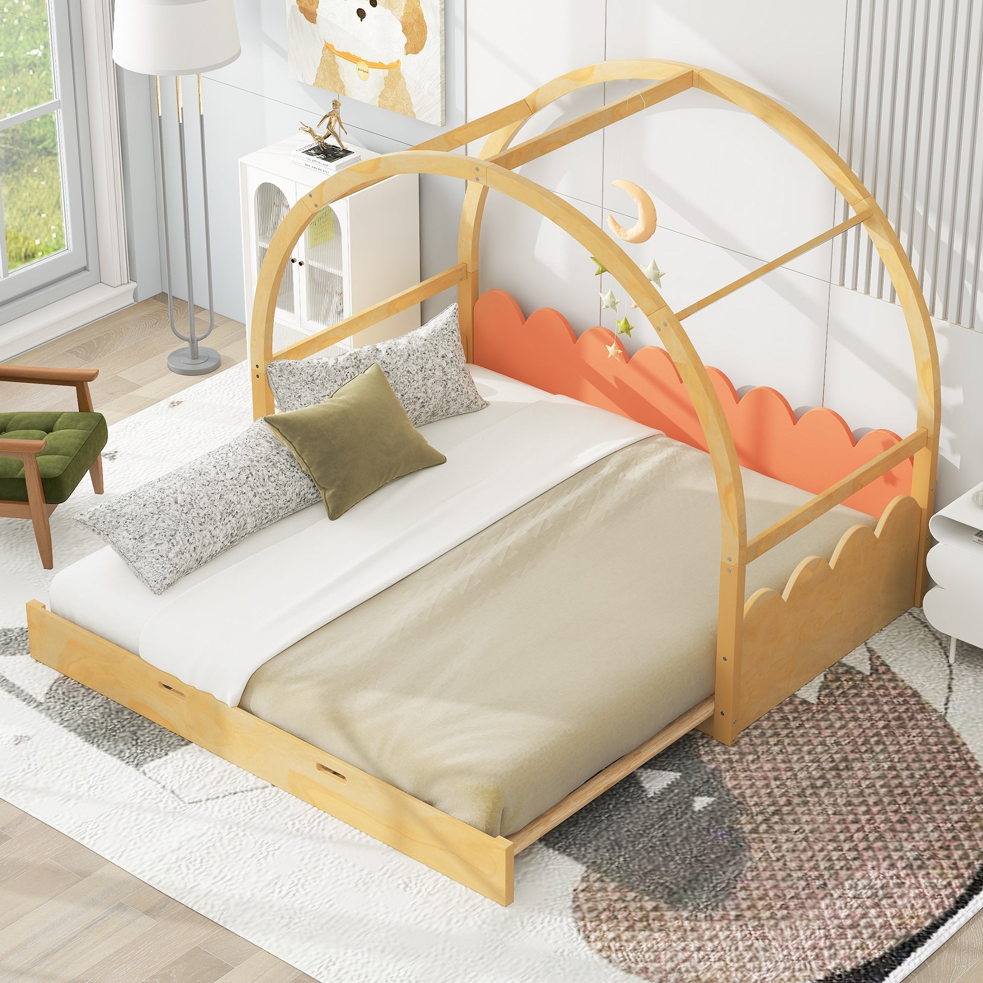 Twin Size Stretchable Vaulted Roof Bed, Children'S Bed Pine Wood Frame, Natural And Orange Box Spring Not Required Twin Brown Orang Yellow Wood Daybeds Pine