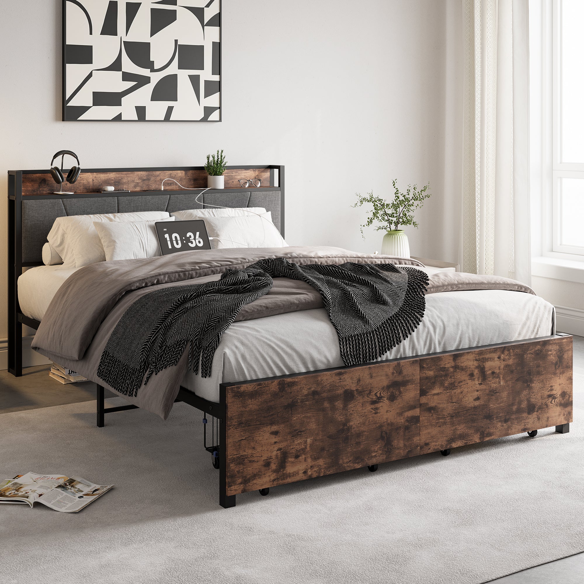 Queen Size Bed Frame, Storage Headboard with Charging box spring not
