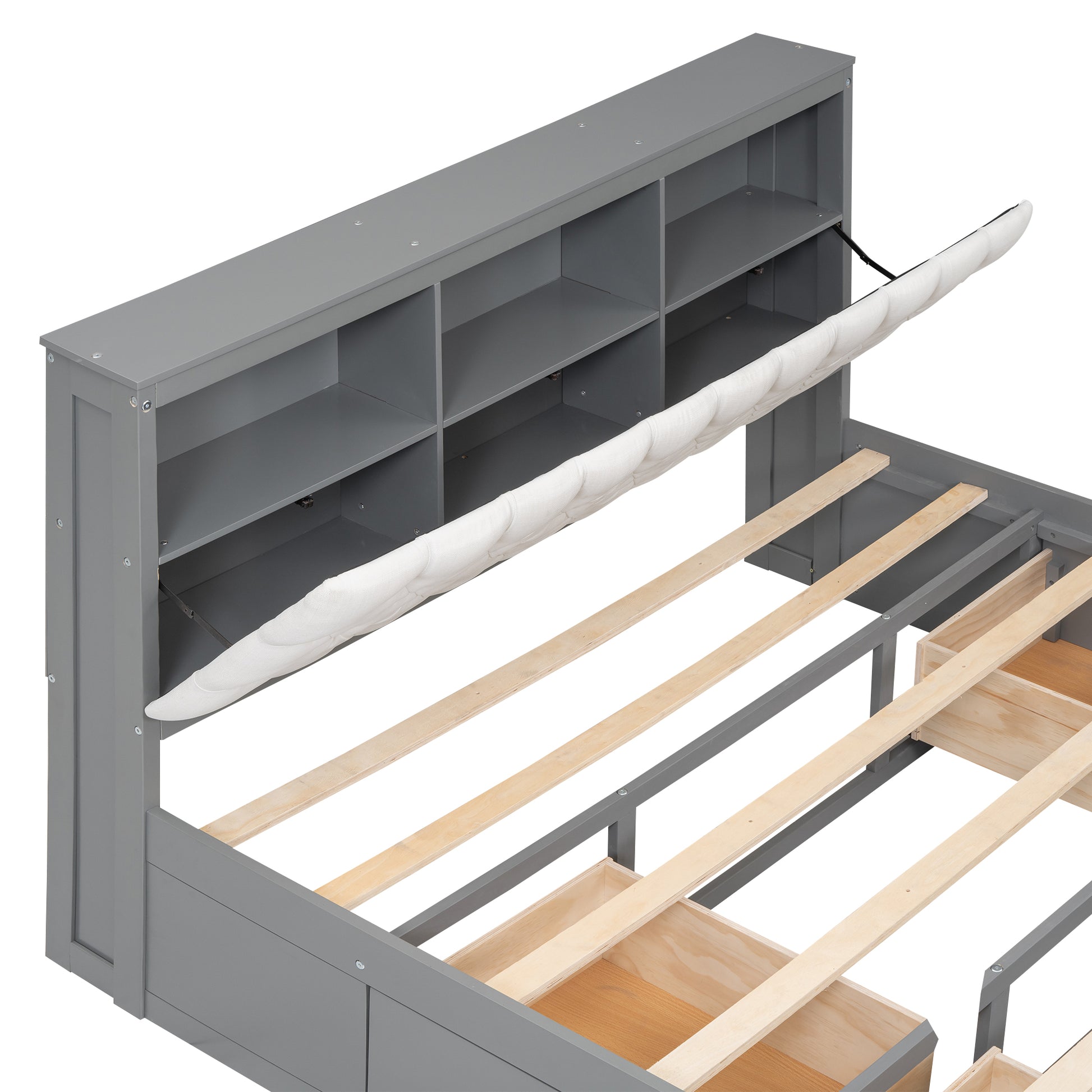 Wood Queen Size Platform Bed With Storage Headboard, Shoe Rack And 4 Drawers,Gray Box Spring Not Required Queen Gray Wood Bedroom Bed Frame Solid Wood Mdf