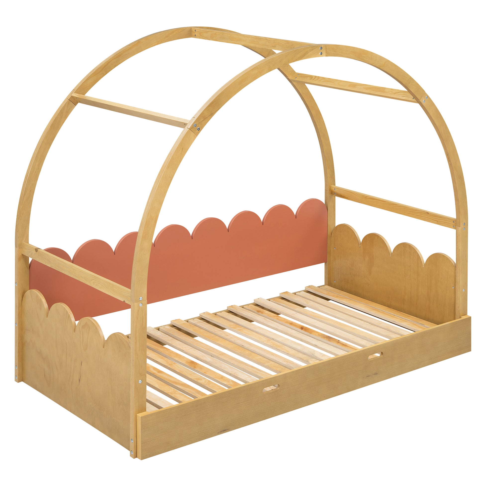 Twin Size Stretchable Vaulted Roof Bed, Children'S Bed Pine Wood Frame, Natural And Orange Box Spring Not Required Twin Brown Orang Yellow Wood Daybeds Pine