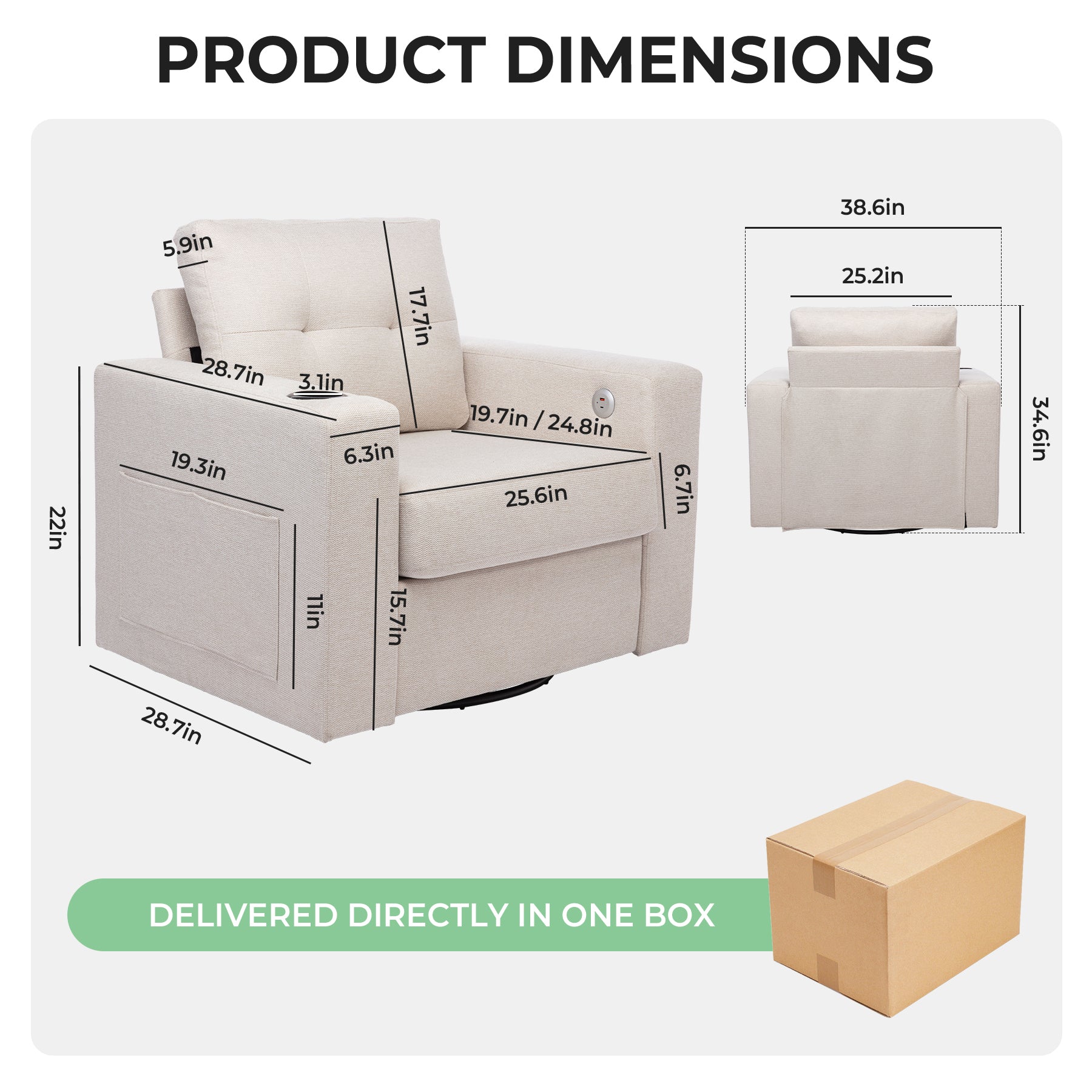 Modern Swivel Accent Sofa Chair, Ergonomic Casual 90 Degree Swivel Single Sofa Seat With Drink Holder Living Room Chair ,Soft Egyptian Velvet Sofa Chair White Brown Wood Primary Living Space Delicate Duty Pine 1 Seat White Linen Soft Cushion Back Art