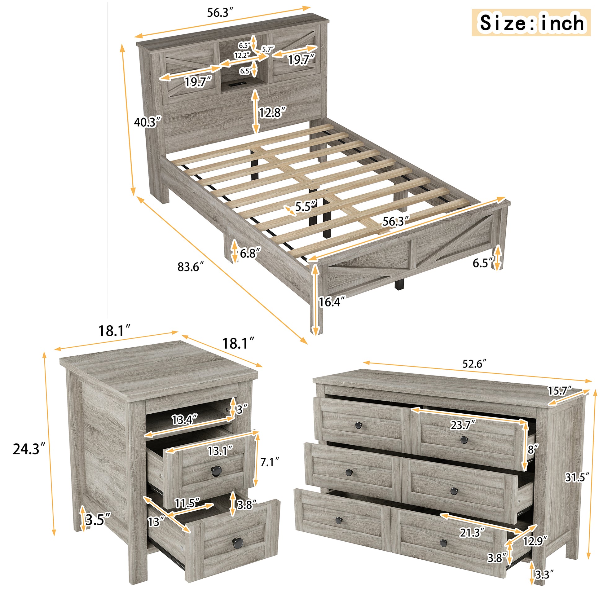 3 Pieces Bedroom Sets Full Size Farmhouse Platform Bed With Double Sliding Door Storage Headboard And Charging Station, Storage Nightstand And Dresser, Antique Gray Full Antique Gray 3 Piece Set Particle Board