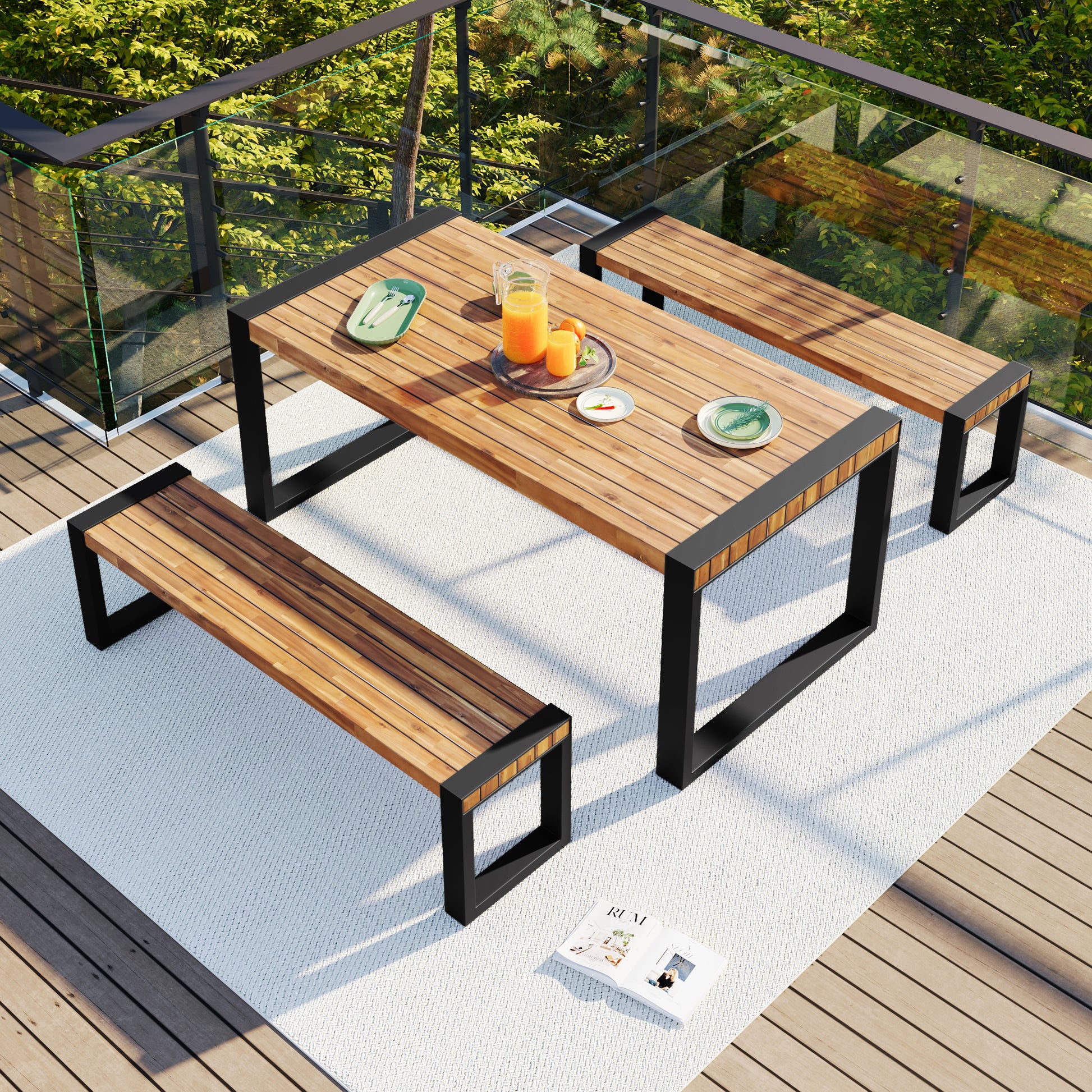 3 Pieces Outdoor Dining Table With 2 Benches, Patio Dining Set With Unique Top Texture, Acacia Wood Top & Steel Frame, All Weather Use, For Outdoor & Indoor, Natural No Acacia Wood Garden & Outdoor Acacia Wood