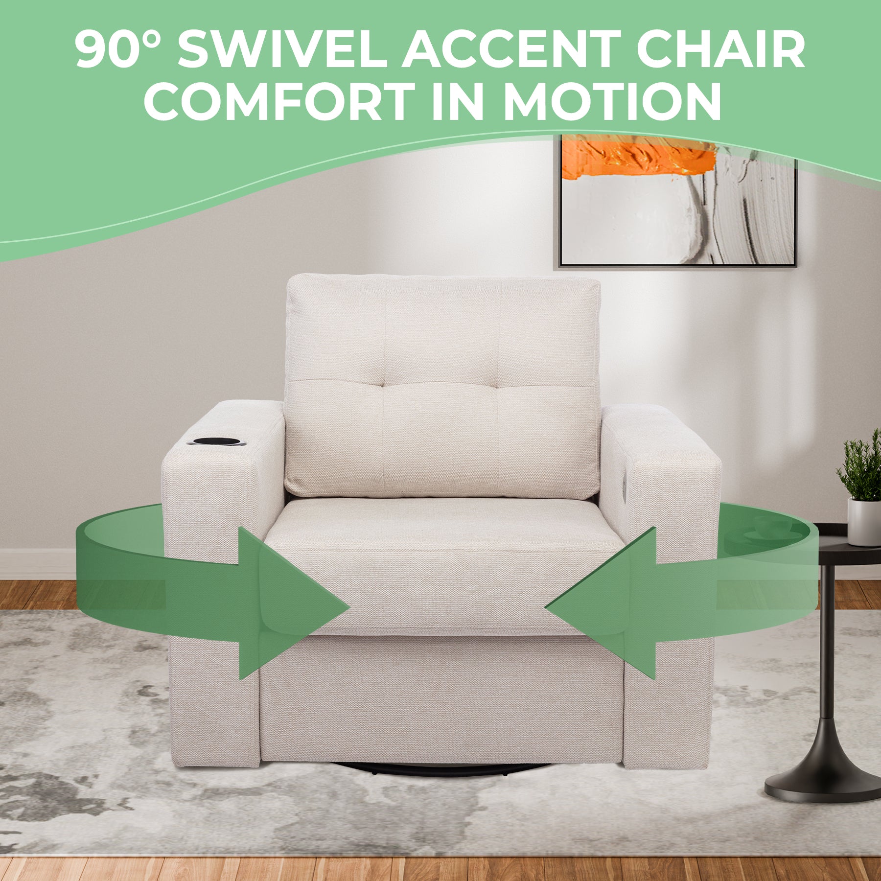 Modern Swivel Accent Sofa Chair, Ergonomic Casual 90 Degree Swivel Single Sofa Seat With Drink Holder Living Room Chair ,Soft Egyptian Velvet Sofa Chair White Brown Wood Primary Living Space Delicate Duty Pine 1 Seat White Linen Soft Cushion Back Art