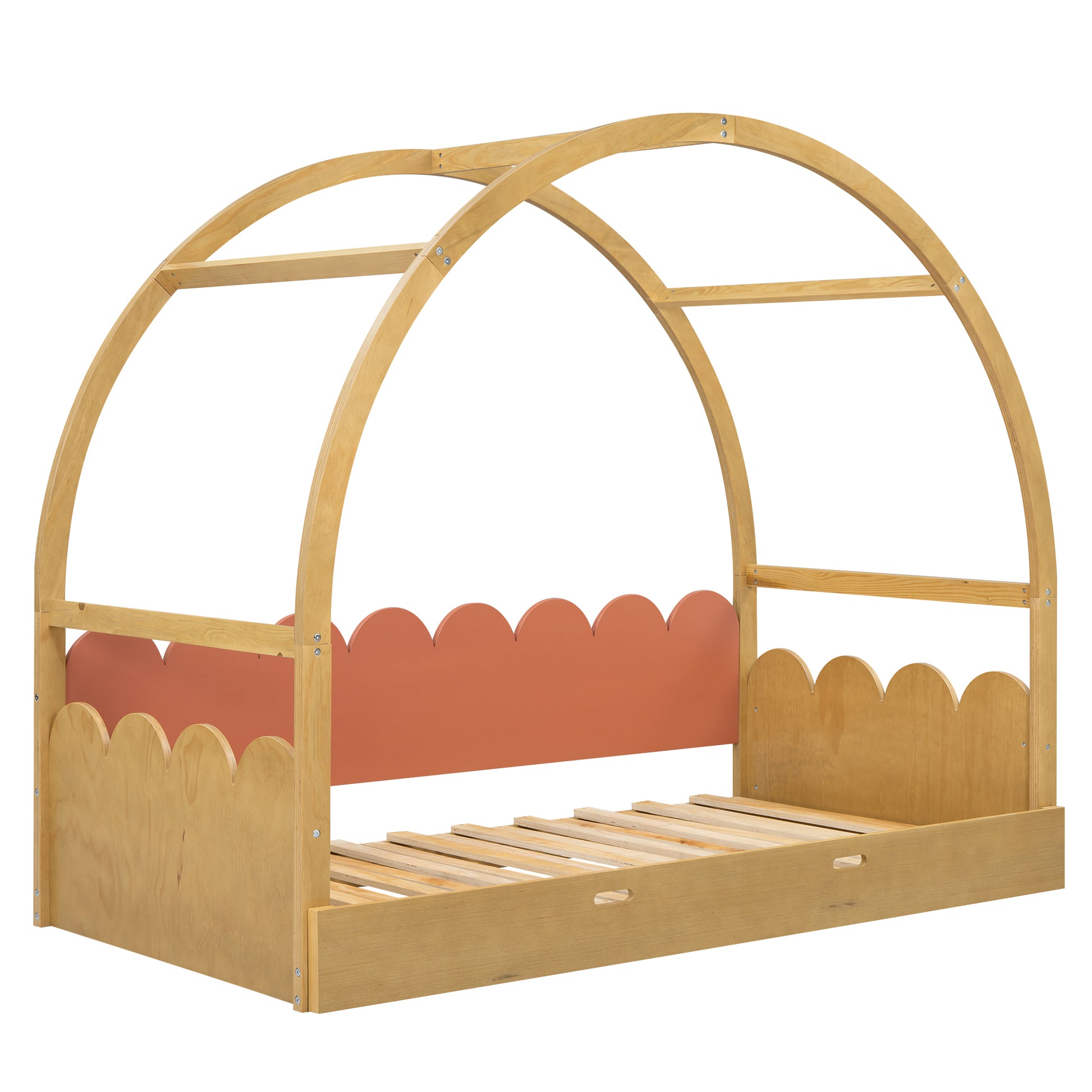 Twin Size Stretchable Vaulted Roof Bed, Children'S Bed Pine Wood Frame, Natural And Orange Box Spring Not Required Twin Brown Orang Yellow Wood Daybeds Pine