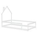 Twin Size Wood Bed With House Shaped Headboard Floor Bed With Fences,White Twin White Wood Bedroom American Design Pine Pine