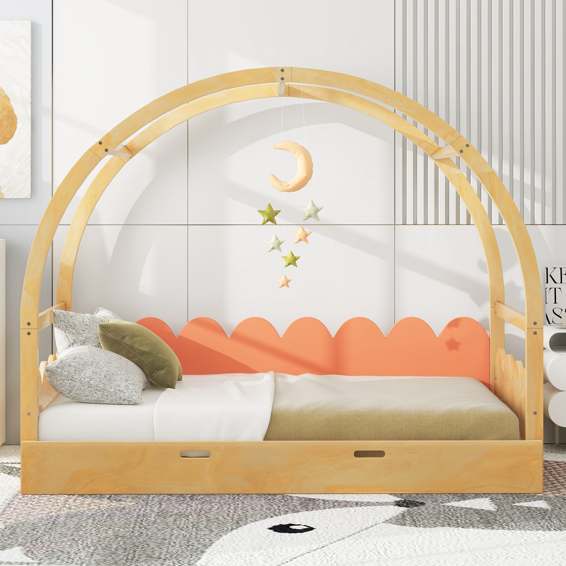 Twin Size Stretchable Vaulted Roof Bed, Children'S Bed Pine Wood Frame, Natural And Orange Box Spring Not Required Twin Brown Orang Yellow Wood Daybeds Pine