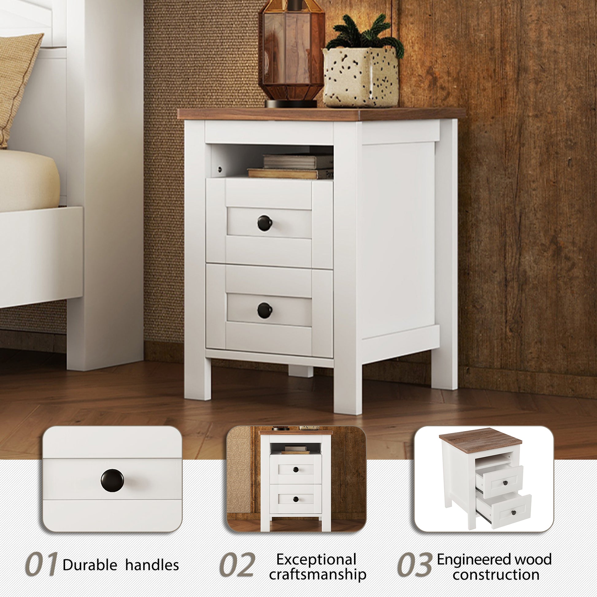 2 Drawer Farmhouse Wooden Nightstand With Well Proportioned Design And Sleek Lines, Wood Side Table With Storage Cabinet For Bedroom, White Brown White Particle Board