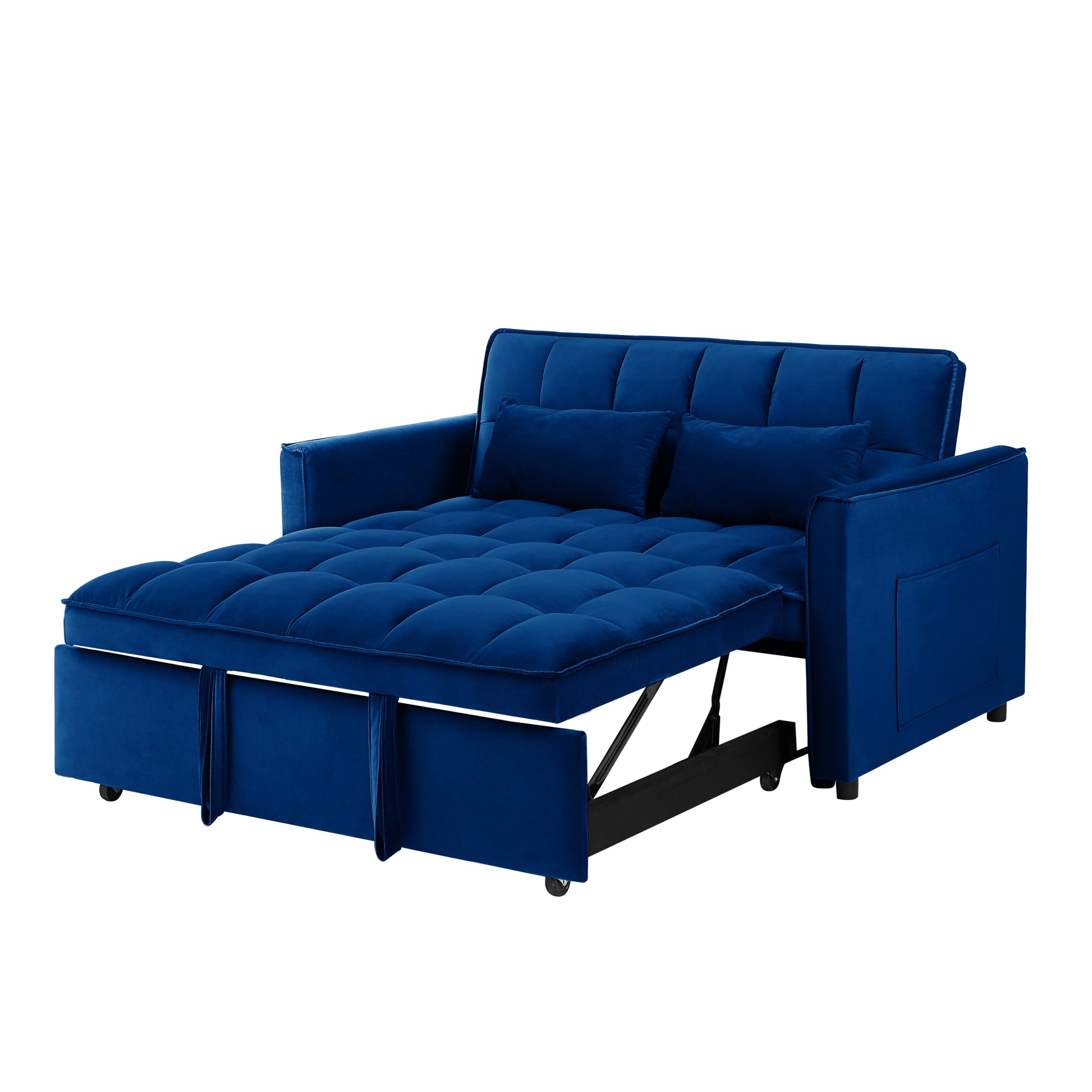 55.1 Inch 3 In 1 Convertible Sofa Bed, Modern Velvet Double Sofa Futon Sofa Bed With Adjustable Back, Storage Bag And Pillow, For Living Room, Bedroom Blue Blue Metal & Wood 2 Seat