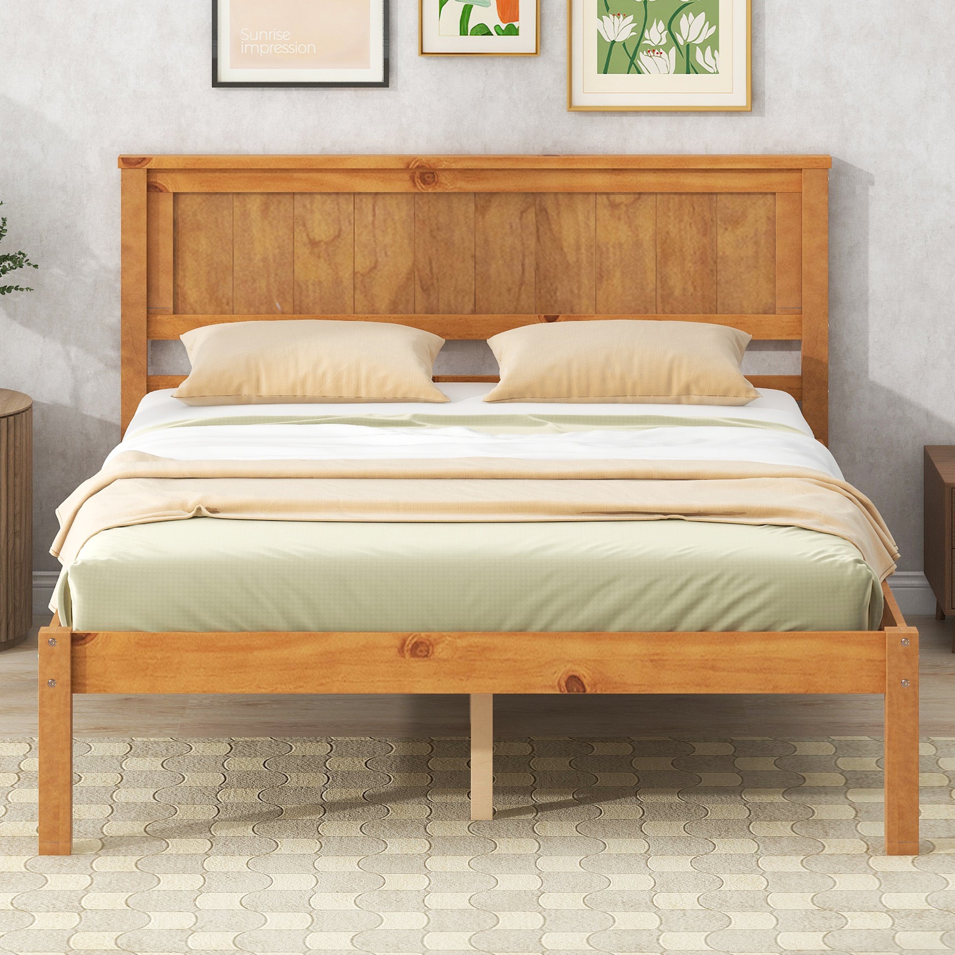 Platform Bed Frame With Headboard, Wood Slat Support, No Box Spring Needed, Full, Oak Box Spring Not Required Full Oak Wood Bedroom Pine