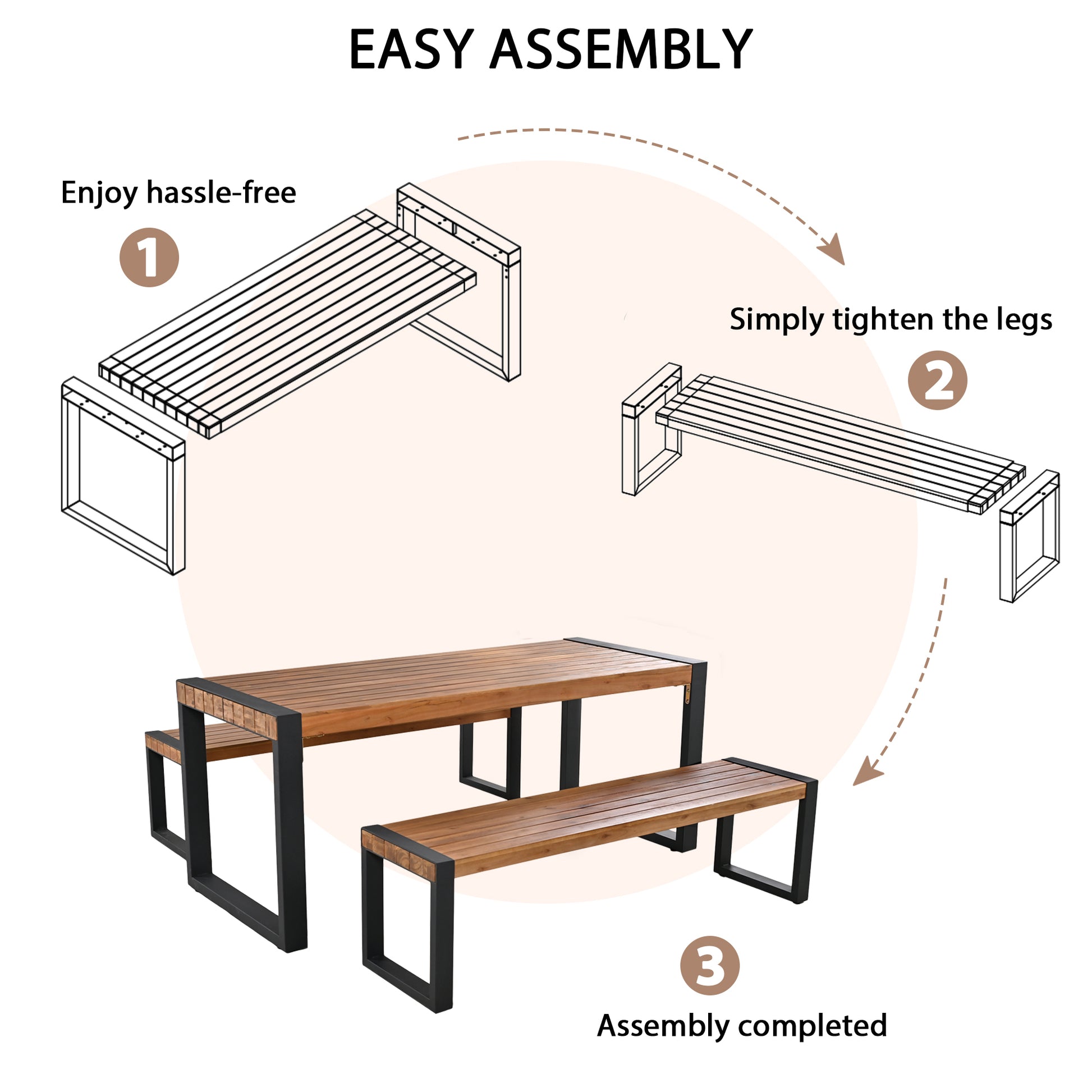 3 Pieces Outdoor Dining Table With 2 Benches, Patio Dining Set With Unique Top Texture, Acacia Wood Top & Steel Frame, All Weather Use, For Outdoor & Indoor, Natural No Acacia Wood Garden & Outdoor Acacia Wood