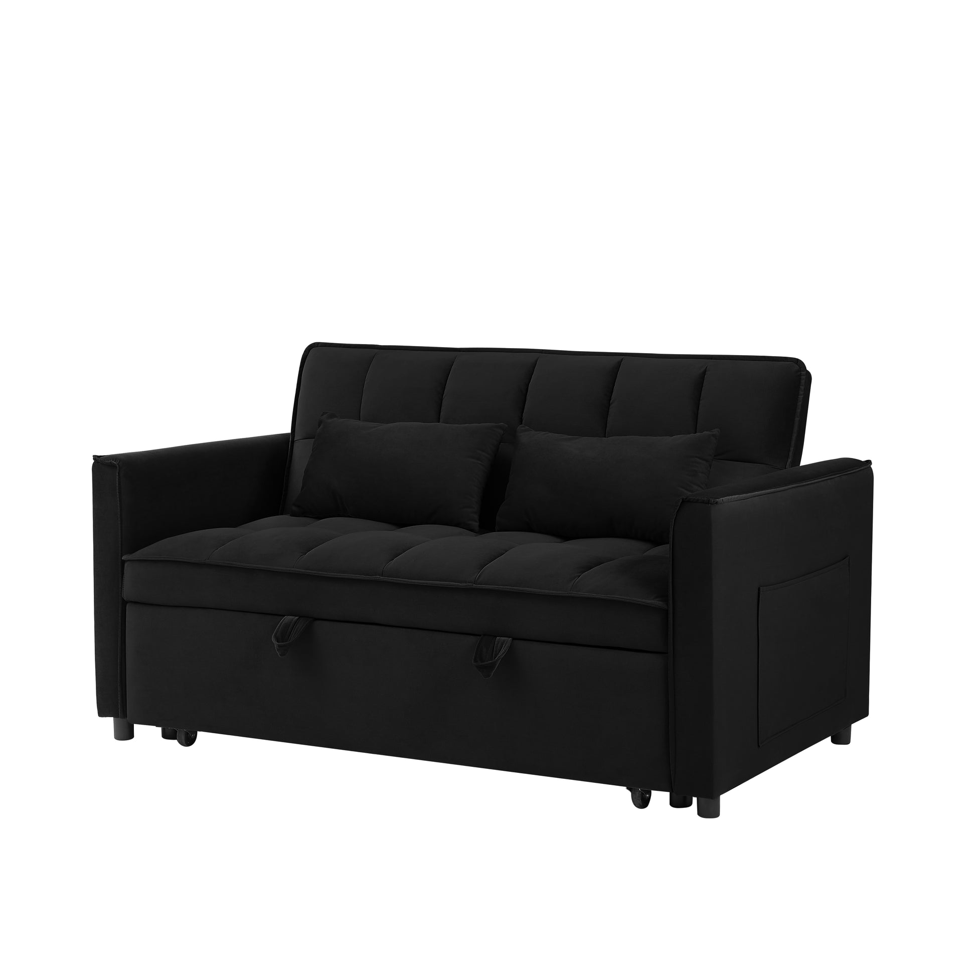 55.1 Inch 3 In 1 Convertible Sofa Bed, Modern Velvet Double Sofa Futon Sofa Bed With Adjustable Back, Storage Bag And Pillow, For Living Room, Bedroom Black Black Metal & Wood 2 Seat