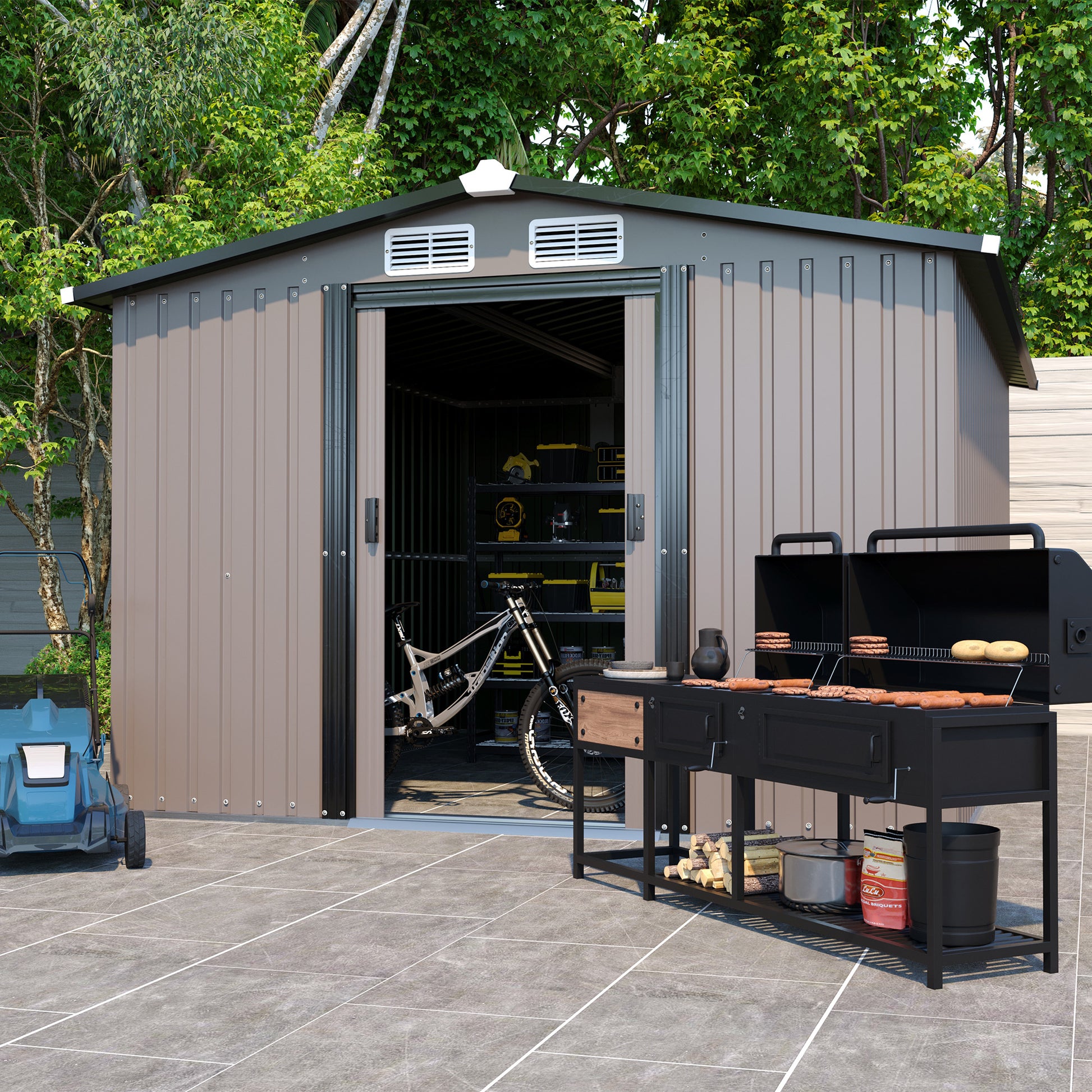 Patio, Lawn & Garden,Metal Outdoor Storage Shed 10Ft X 8Ft, Clearance With Lockable Door Metal Garden Shed Steel Anti Corrosion Storage House Waterproof Tool Shed For Backyard Patio, Lawn And Garden Brown Year Round Use Metal