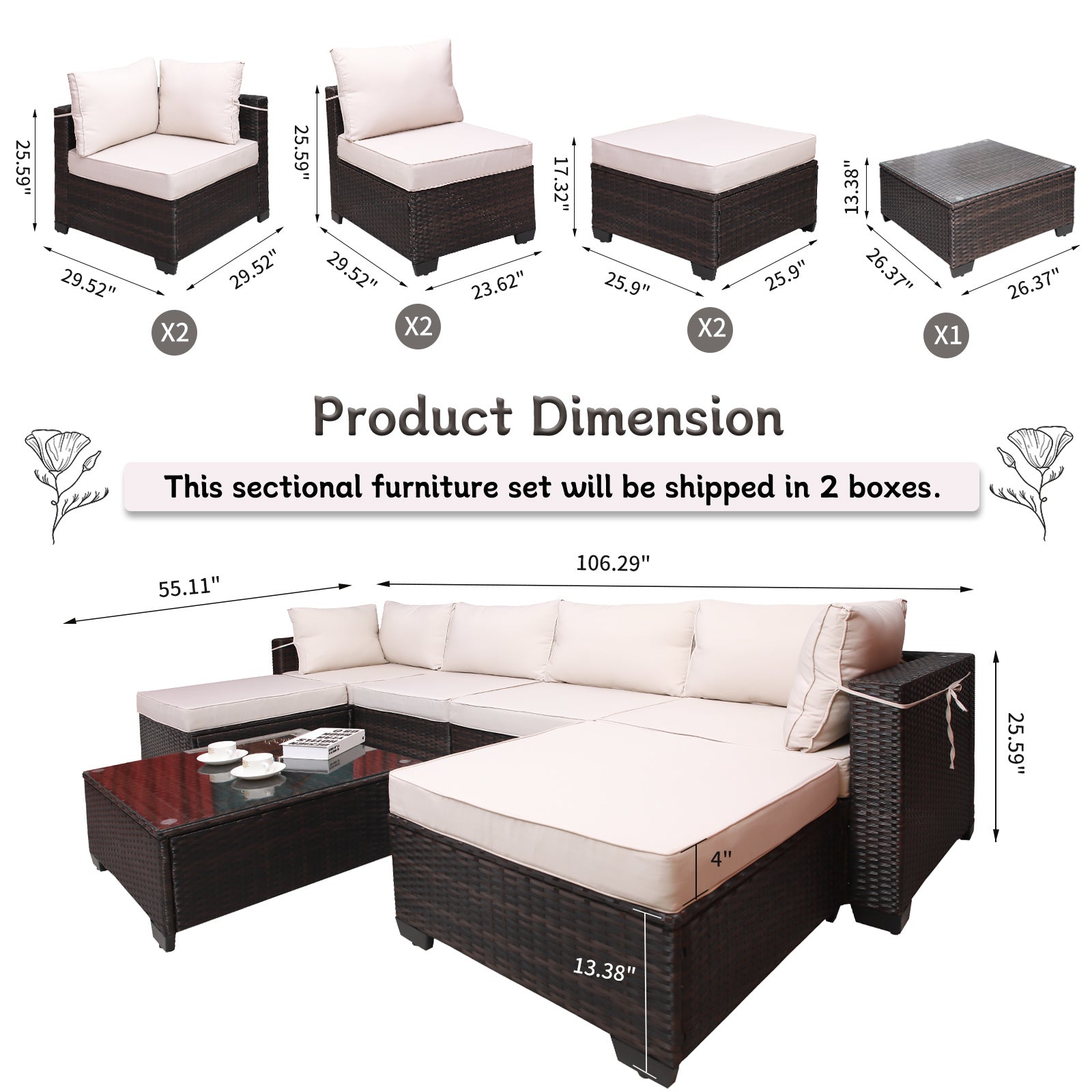 Outdoor Garden Patio Furniture 7 Piece Pe Rattan Wicker Cushioned Sofa Sets And Coffee Table, Patio Furniture Set Outdoor Couch Outdoor Couch Patio Furniture Outdoor Sofa Patio Couch Yes Complete Patio Set Brown Beige Rust Resistant Frame Water Resistant