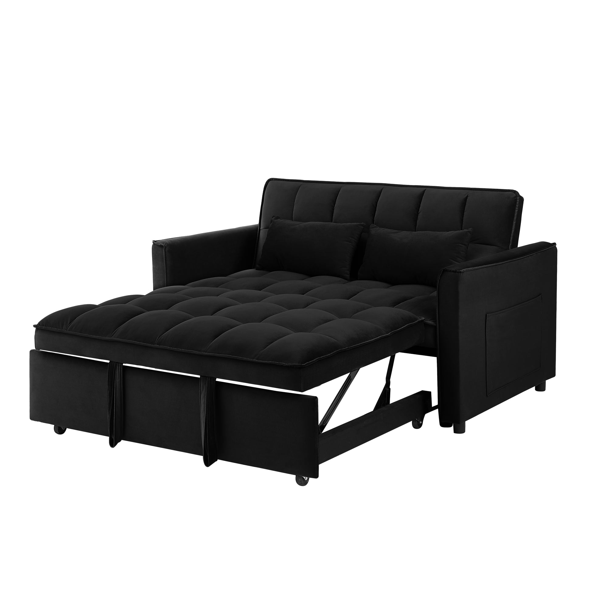 55.1 Inch 3 In 1 Convertible Sofa Bed, Modern Velvet Double Sofa Futon Sofa Bed With Adjustable Back, Storage Bag And Pillow, For Living Room, Bedroom Black Black Metal & Wood 2 Seat