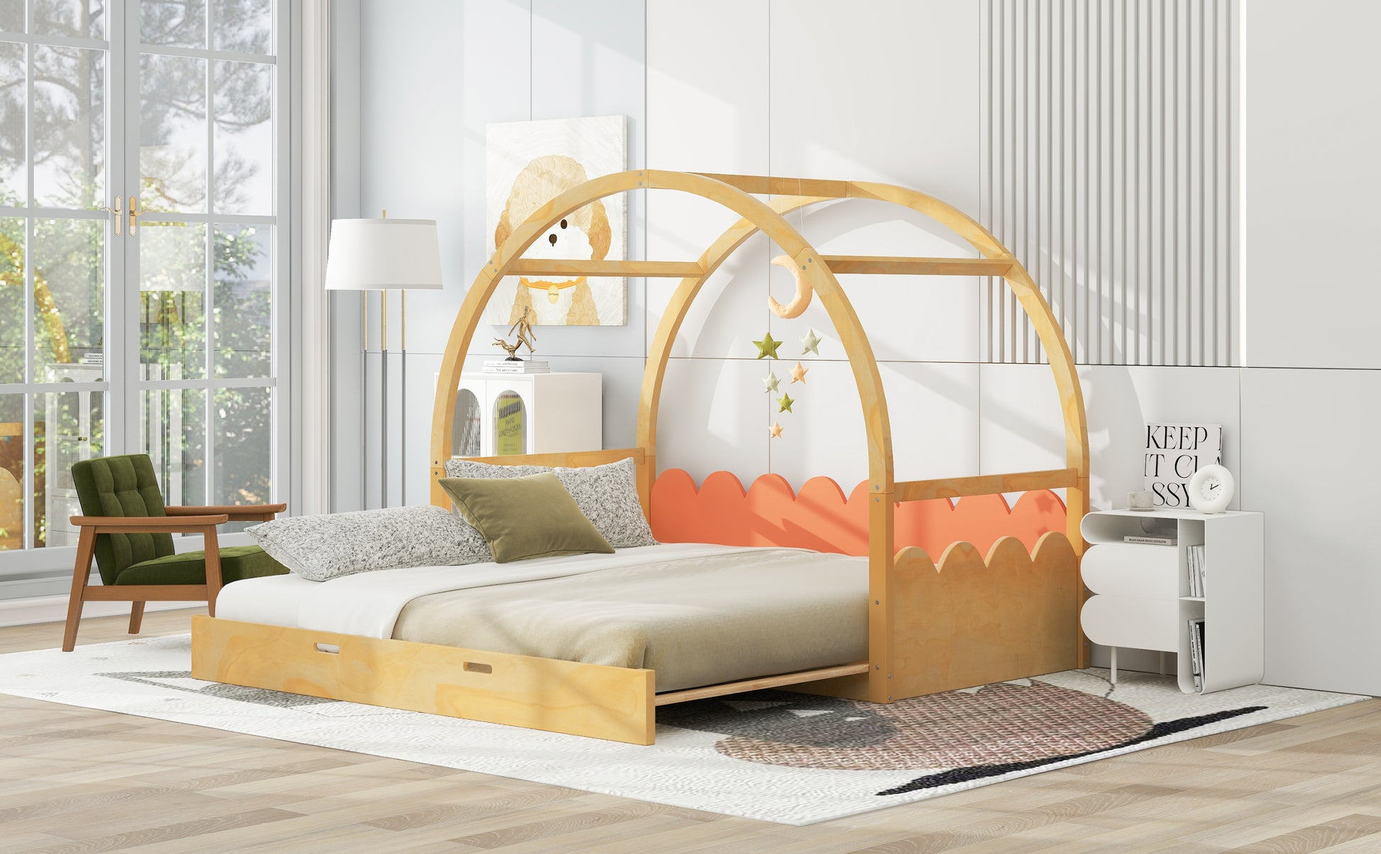 Twin Size Stretchable Vaulted Roof Bed, Children'S Bed Pine Wood Frame, Natural And Orange Box Spring Not Required Twin Brown Orang Yellow Wood Daybeds Pine