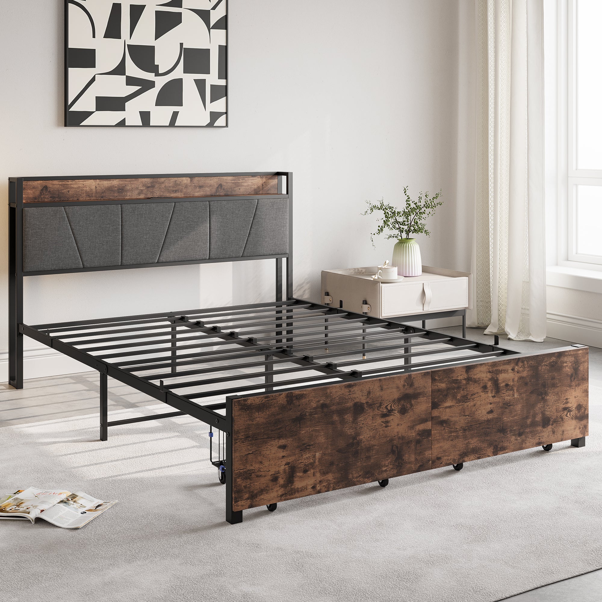 Queen Size Bed Frame, Storage Headboard with Charging box spring not
