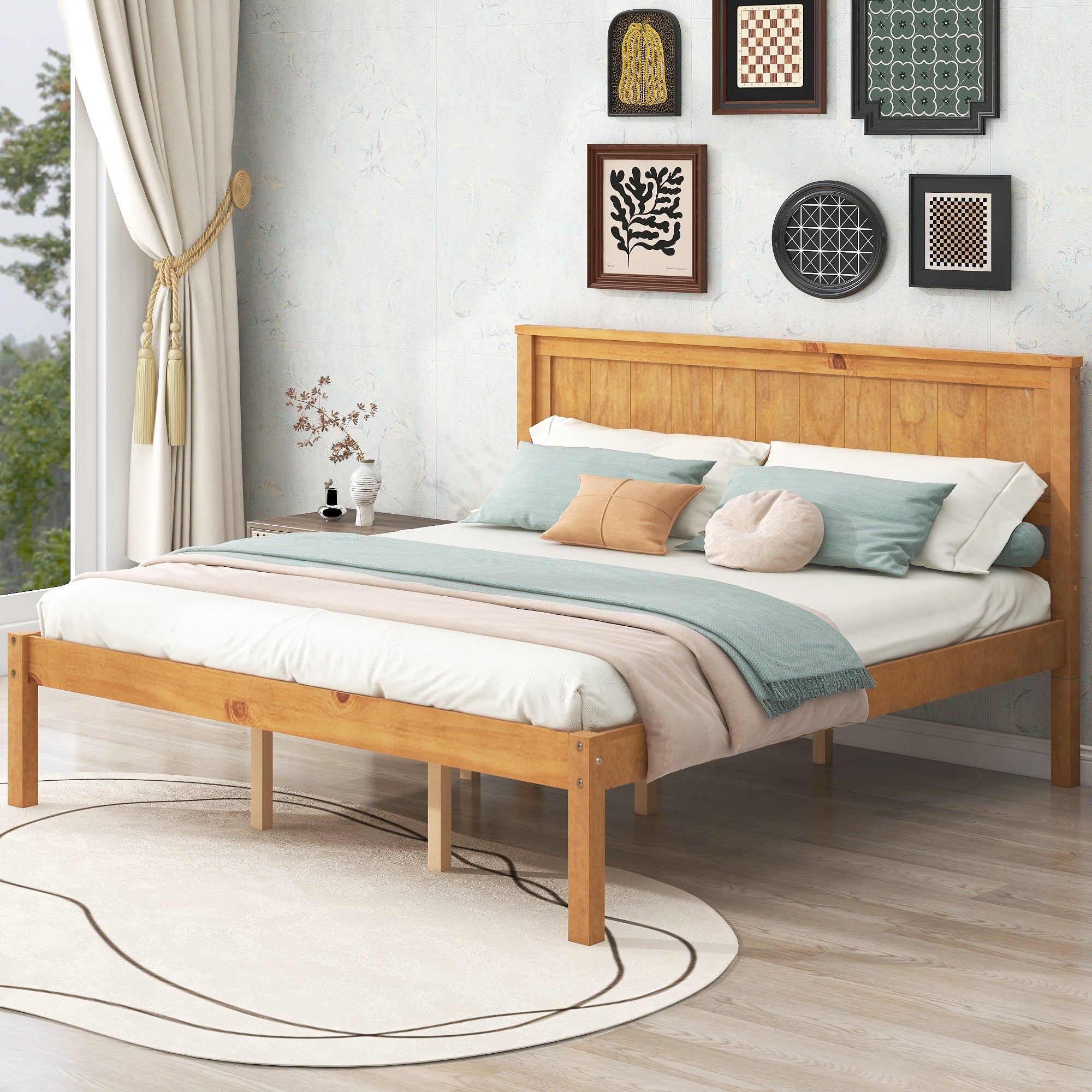 Platform Bed Frame With Headboard, Wood Slat Support, No Box Spring Needed, Queen, Oak Box Spring Not Required Queen Espresso Wood Bedroom Pine