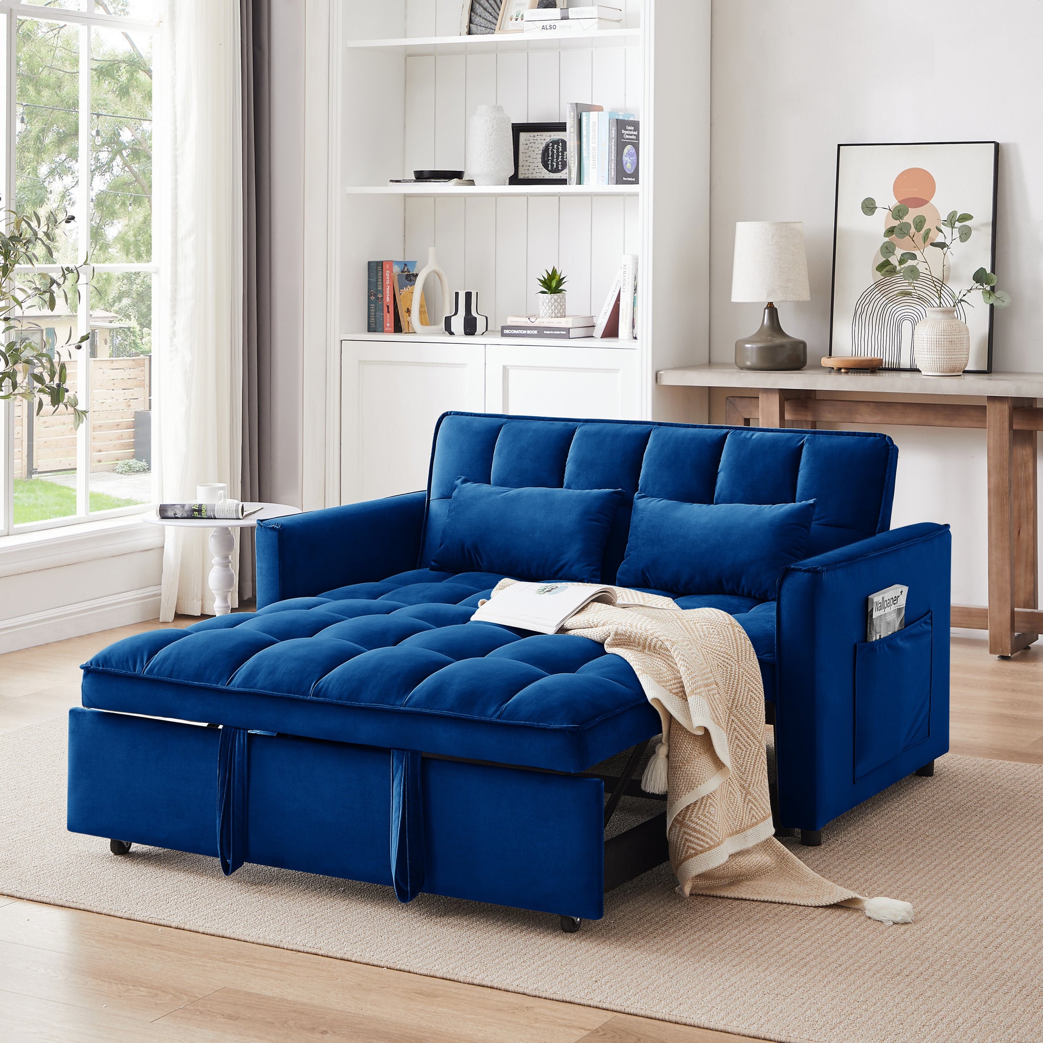 55.1 Inch 3 In 1 Convertible Sofa Bed, Modern Velvet Double Sofa Futon Sofa Bed With Adjustable Back, Storage Bag And Pillow, For Living Room, Bedroom Blue Blue Metal & Wood 2 Seat