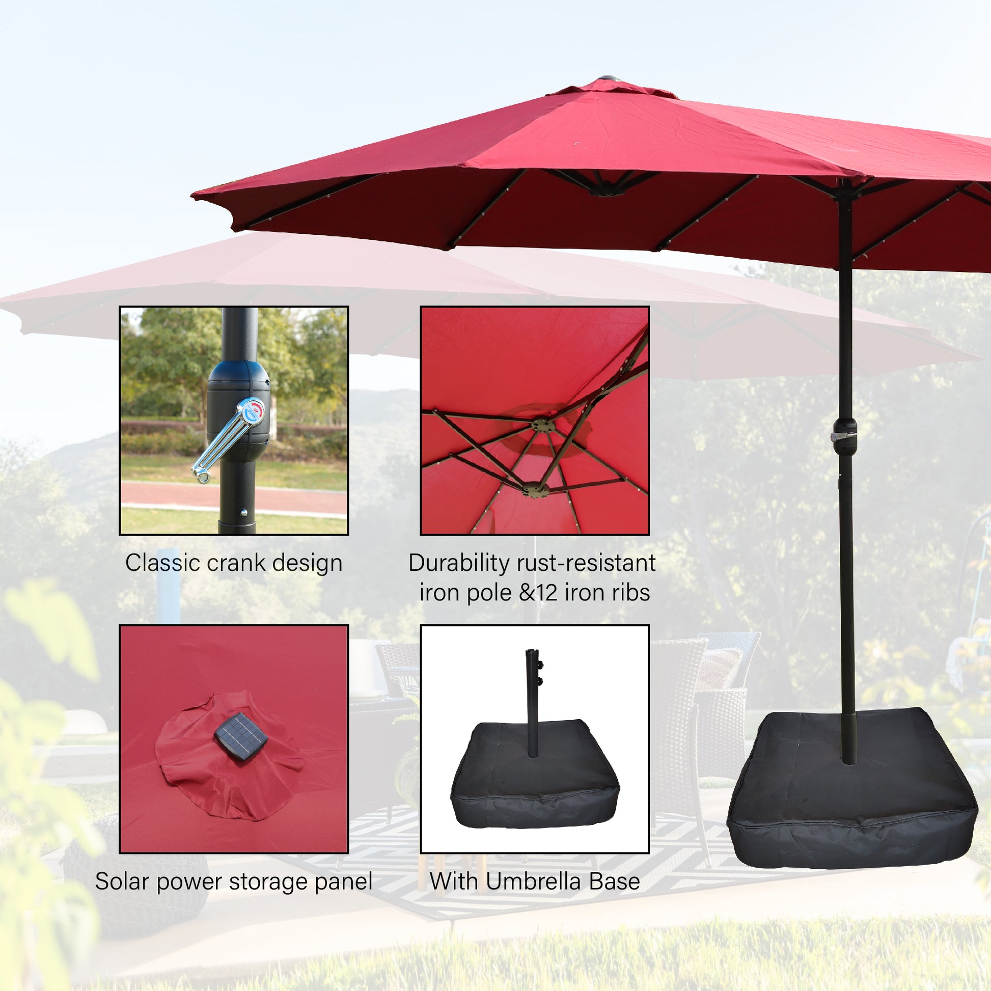 15X9Ft Large Double Sided Rectangular Outdoor Twin Patio Market Umbrel