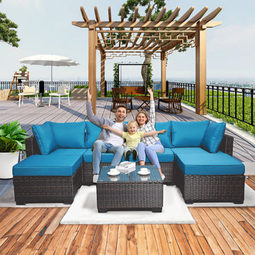 Outdoor Garden Patio Furniture 7 Piece Pe Rattan Wicker Cushioned Sofa Sets And Coffee Table, Patio Furniture Set Outdoor Couch Outdoor Couch Patio Furniture Outdoor Sofa Patio Couch Yes Complete Patio Set Brown Blue Rust Resistant Frame Water Resistant