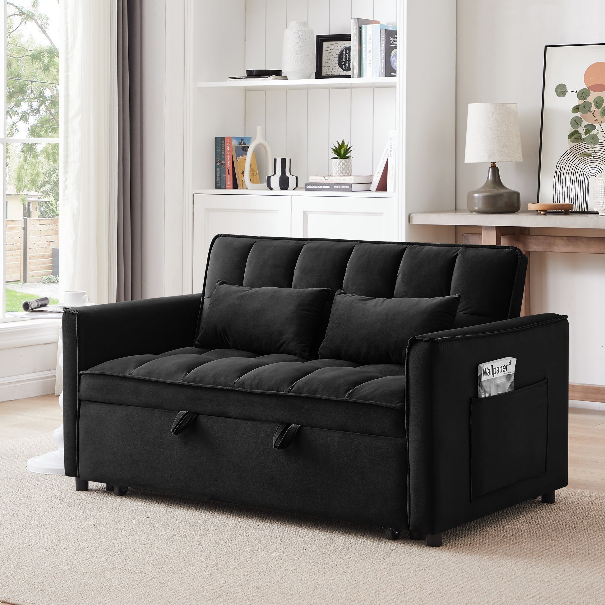 55.1 Inch 3 In 1 Convertible Sofa Bed, Modern Velvet Double Sofa Futon Sofa Bed With Adjustable Back, Storage Bag And Pillow, For Living Room, Bedroom Black Black Metal & Wood 2 Seat