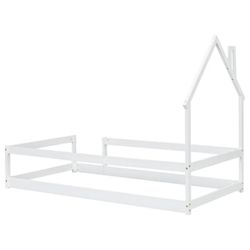 Twin Size Wood Bed With House Shaped Headboard Floor Bed With Fences,White Twin White Wood Bedroom American Design Pine Pine