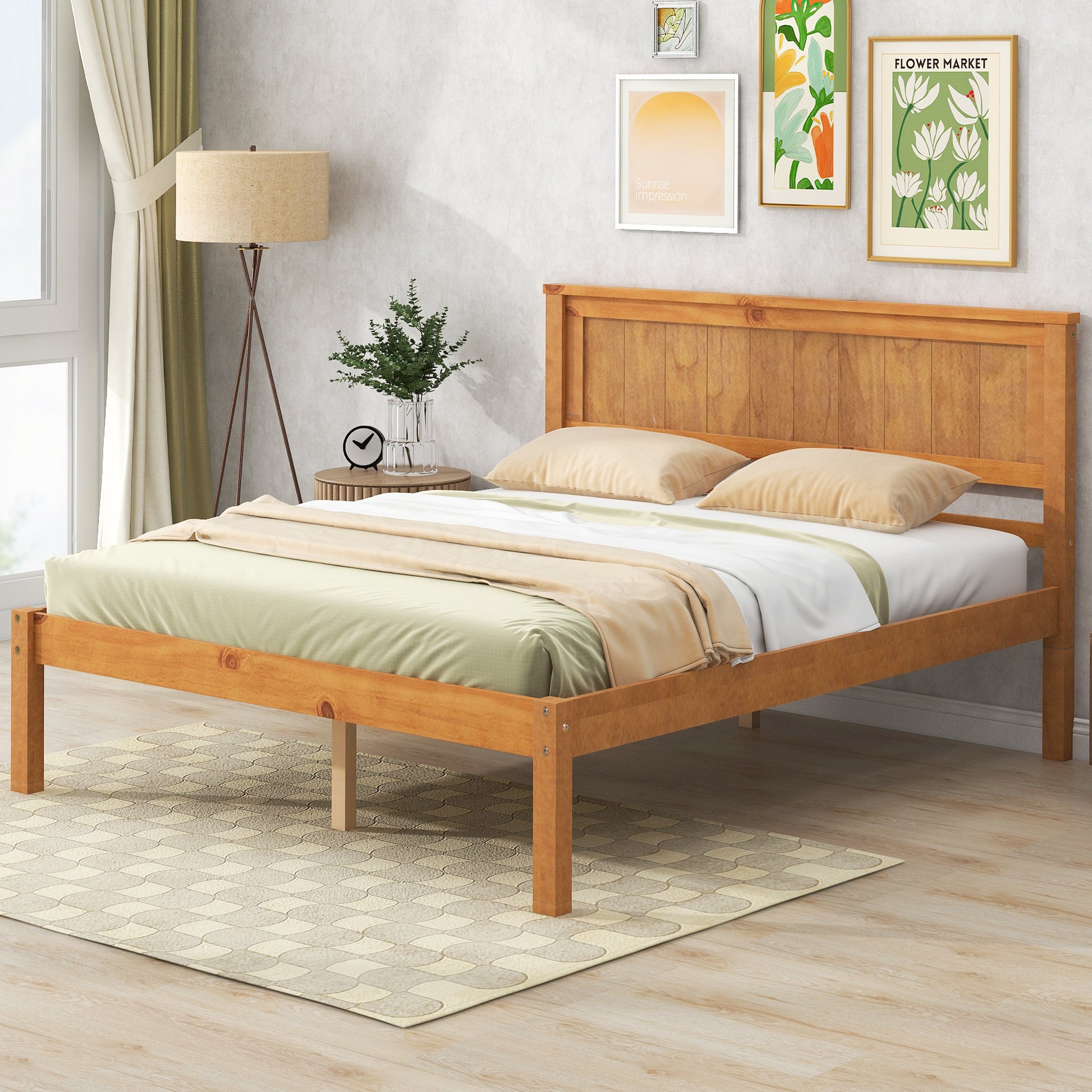 Platform Bed Frame With Headboard, Wood Slat Support, No Box Spring Needed, Full, Oak Box Spring Not Required Full Oak Wood Bedroom Pine