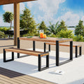 3 Pieces Outdoor Dining Table With 2 Benches, Patio Dining Set With Unique Top Texture, Acacia Wood Top & Steel Frame, All Weather Use, For Outdoor & Indoor, Natural No Acacia Wood Garden & Outdoor Acacia Wood