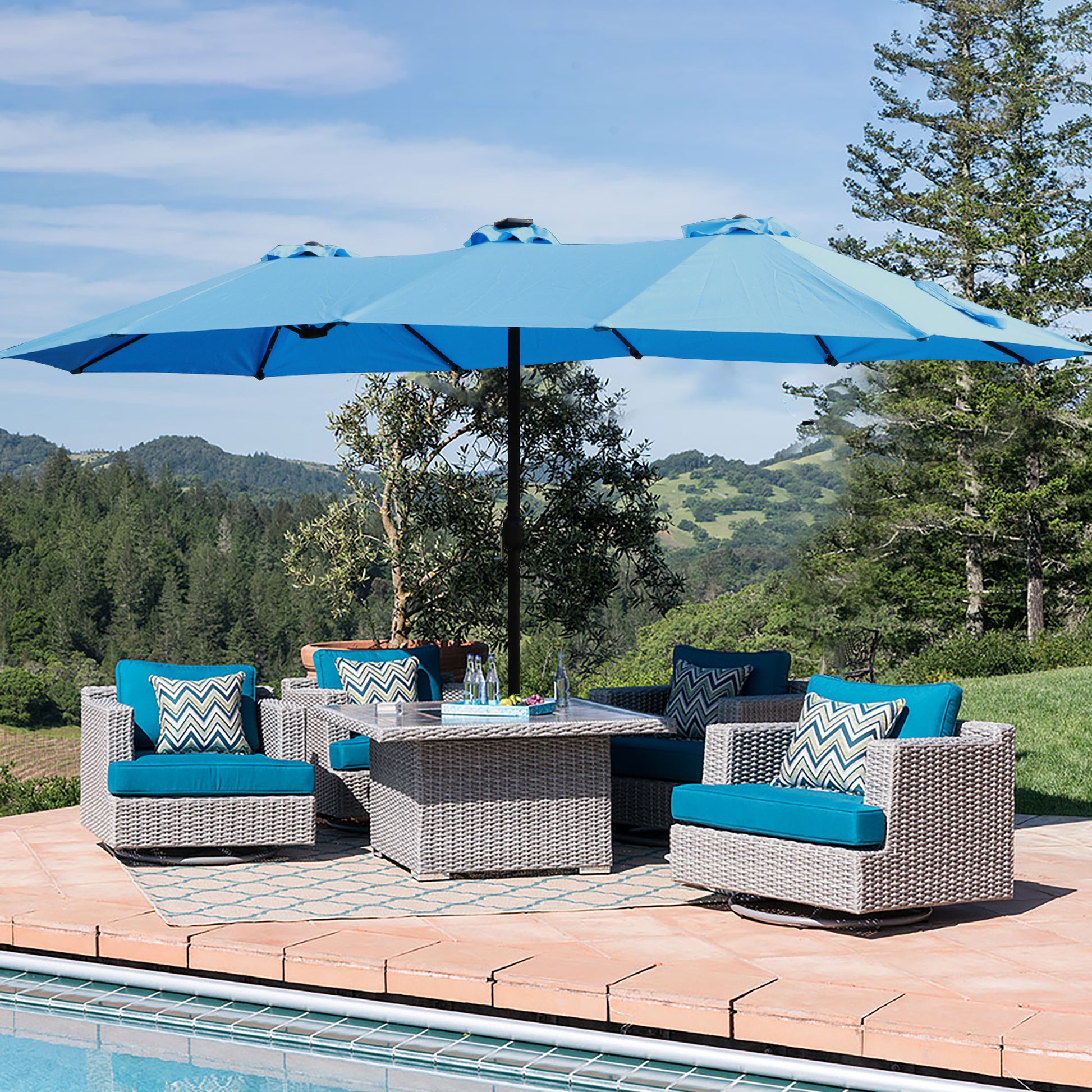 blue rectangle patio umbrella 15X9Ft Large Double Sided Rectangular Outdoor Twin Patio Market Umbrella With Light And Base Blue Blue Umbrellas Metal