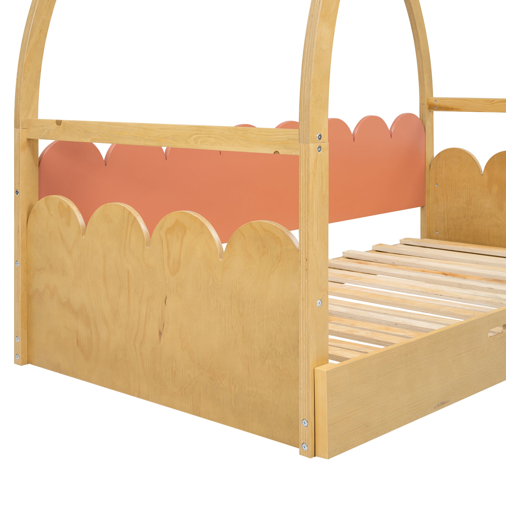 Twin Size Stretchable Vaulted Roof Bed, Children'S Bed Pine Wood Frame, Natural And Orange Box Spring Not Required Twin Brown Orang Yellow Wood Daybeds Pine