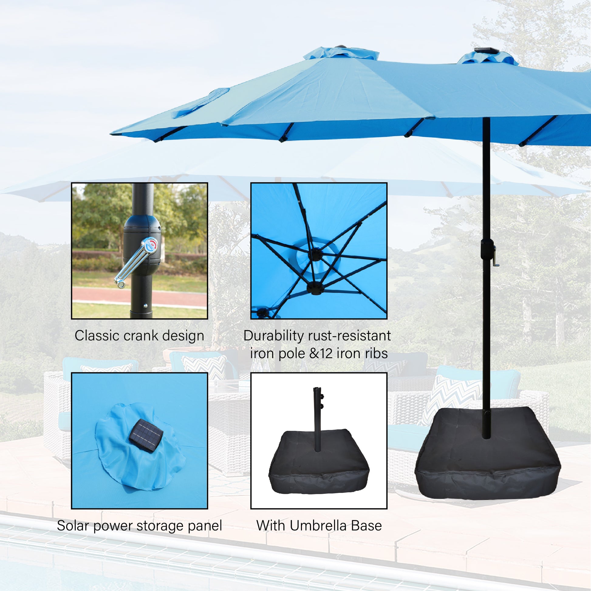 blue rectangular patio umbrella 15X9Ft Large Double Sided Rectangular Outdoor Twin Patio Market Umbrel