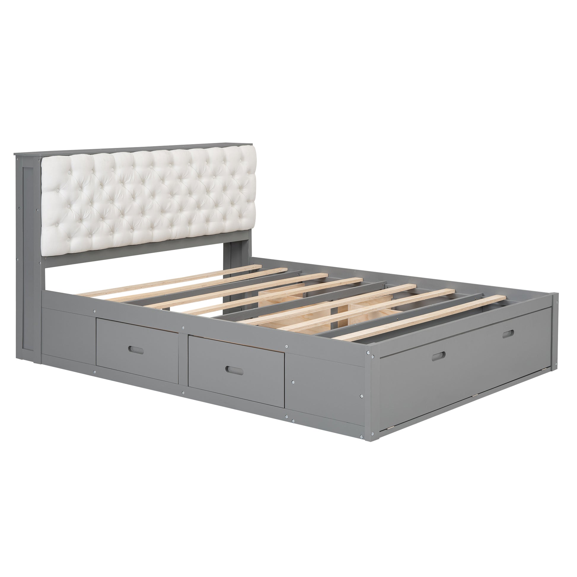 Wood Queen Size Platform Bed With Storage Headboard, Shoe Rack And 4 Drawers,Gray Box Spring Not Required Queen Gray Wood Bedroom Bed Frame Solid Wood Mdf
