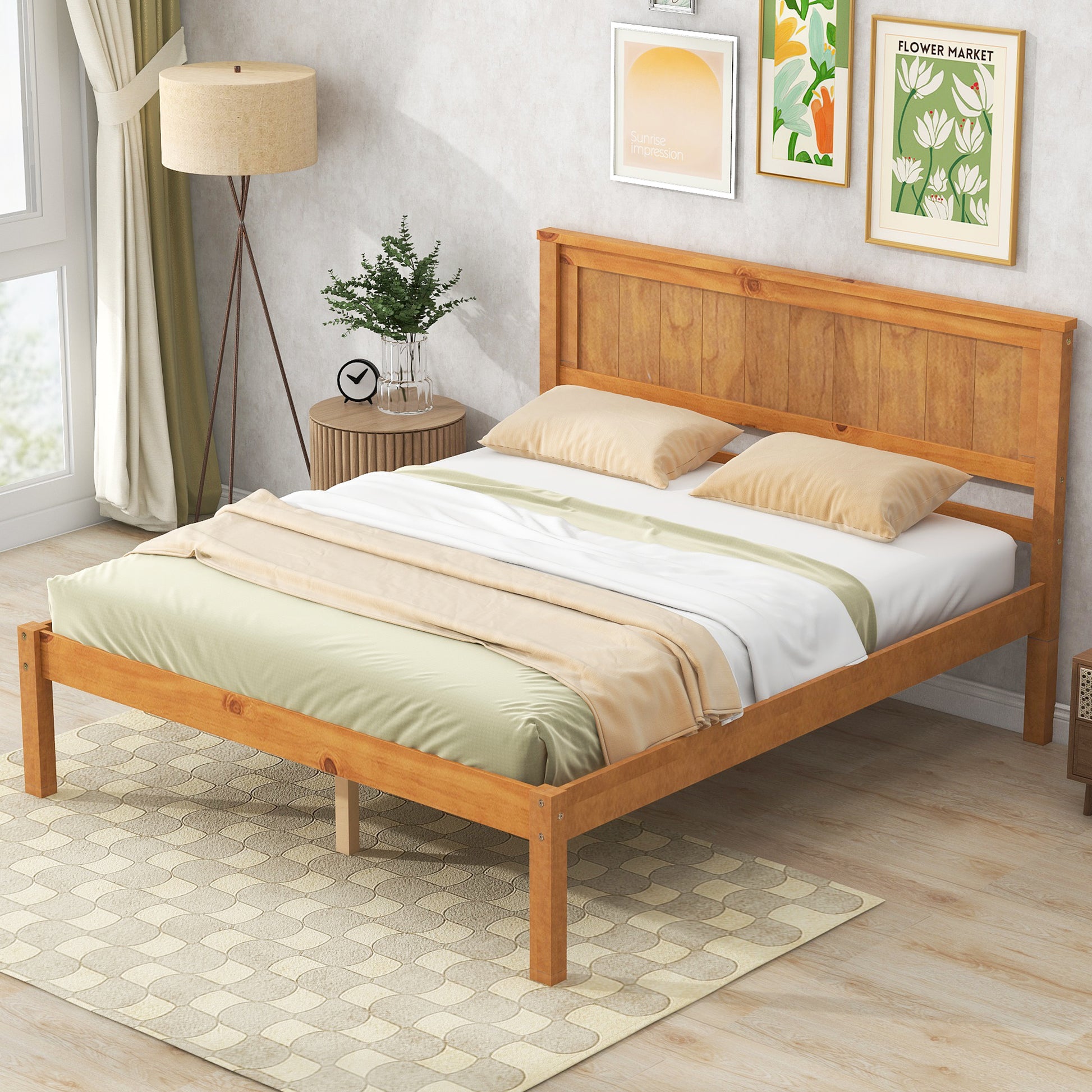 Platform Bed Frame With Headboard, Wood Slat Support, No Box Spring Needed, Full, Oak Box Spring Not Required Full Oak Wood Bedroom Pine