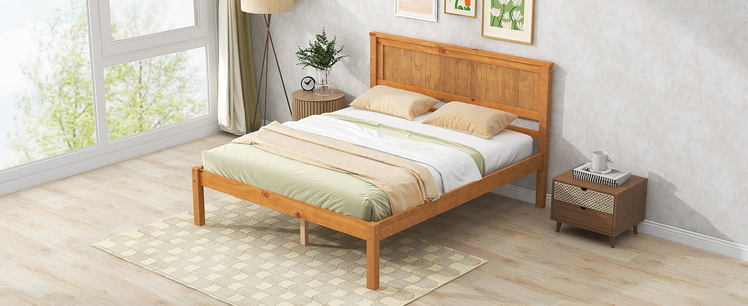 Platform Bed Frame With Headboard, Wood Slat Support, No Box Spring Needed, Full, Oak Box Spring Not Required Full Oak Wood Bedroom Pine