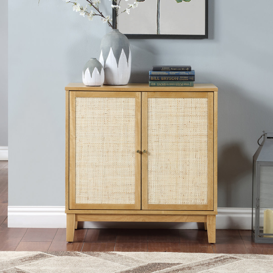 Buffet Cabinet With Storage,Storage Cabinet With Natural Rattan Decorated Doors,Rattan Cabinet With Adjustable Shelf,Sideboard For Living Room,Kitchen,Hallway,2 Doors, Storage, Natural Natural Rubber Wood